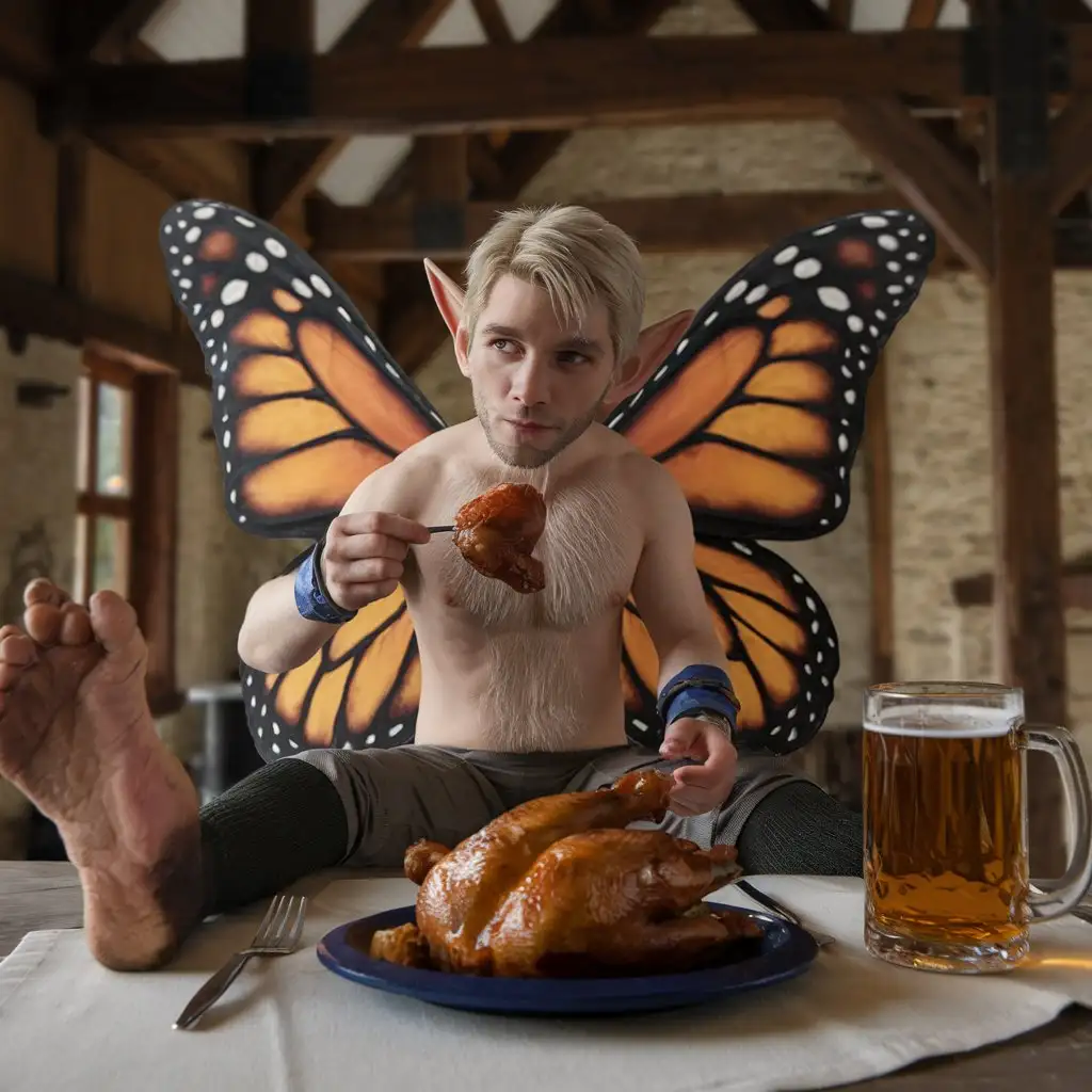 Male-Pixie-with-Monarch-Wings-Eating-Roasted-Chicken-and-Drinking-Ale