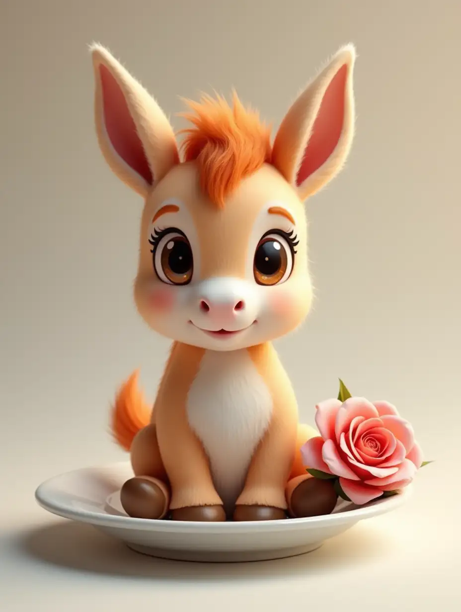 Create a very realistic image of a small orange and white donkey sitting inside a white plate with a rose next to it. The little donkey, with soft and beautiful hair and big expressive eyes. The donkey inside the plate with cute little feet.