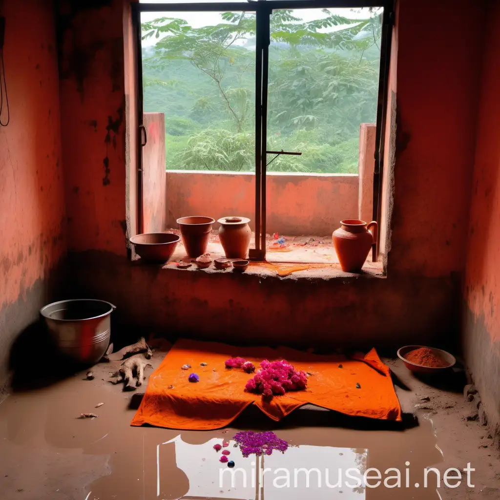 Traditional Indian Kitchen Scene with Utensils Sindur and Garlands