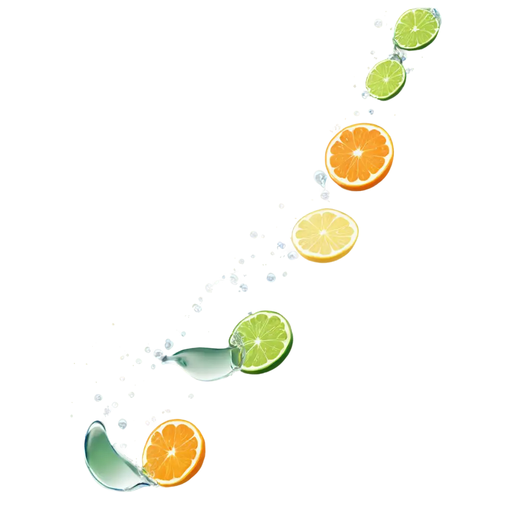 a lime, grapefruit, lemon, orange wave with water drops and green leaves