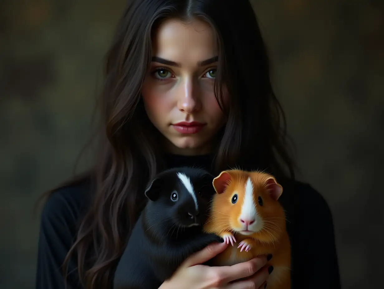 Gothic-Young-Lady-Holding-Two-Guinea-Pigs-with-a-Striking-Contrast-of-Fur-Colors