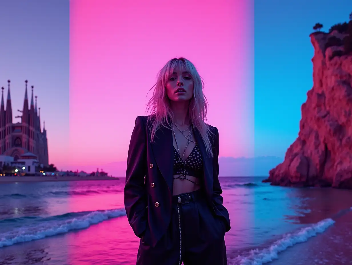 Blonde-Female-Singer-in-Neon-Lights-with-Barcelonas-Beaches-and-Sagrada-Familia