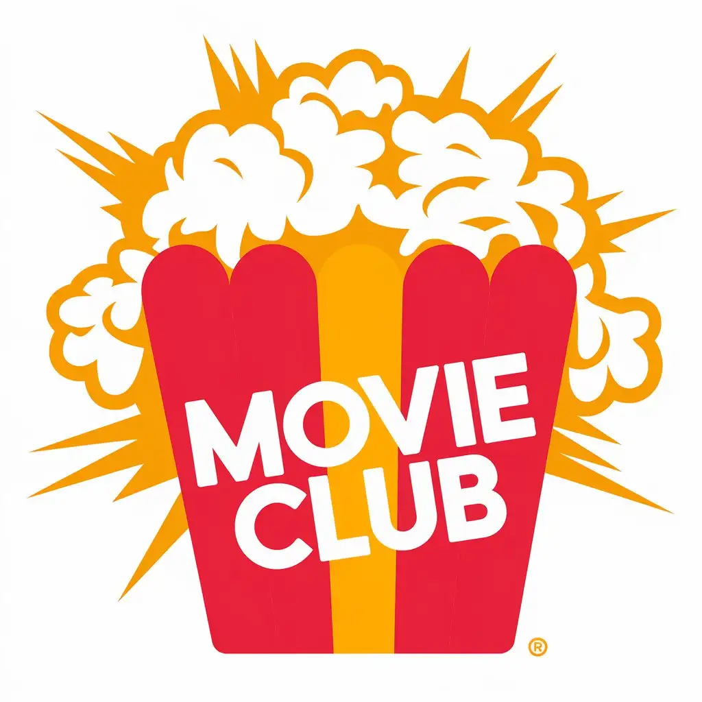 LOGO Design for Movie Club Transparent Background with White Text and Vibrant Red and Yellow Popcorn Theme