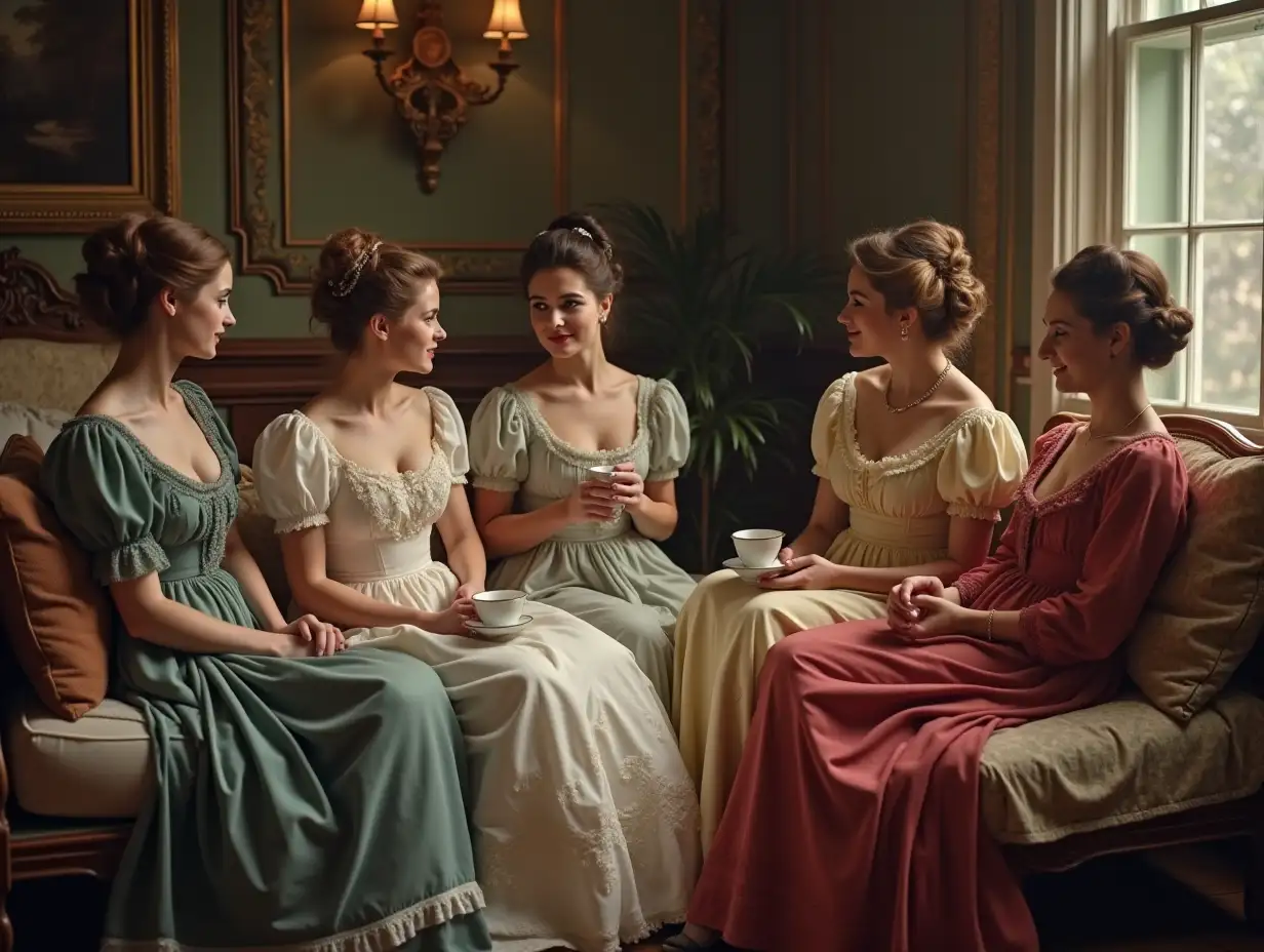 A picture of five women from the Victorian era sitting on a bed chatting and drinking coffee