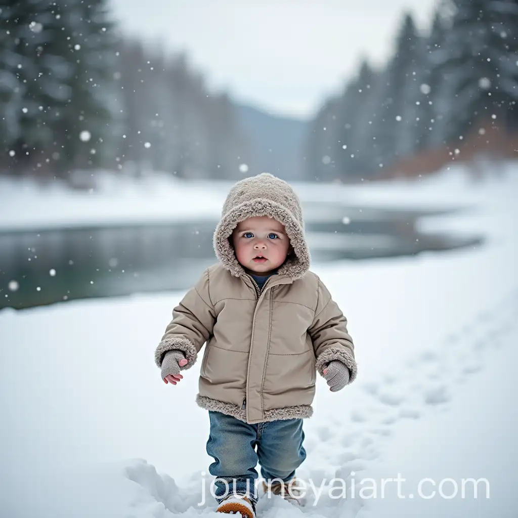 Baby-Walking-from-Snowy-River-in-Winter-Landscape