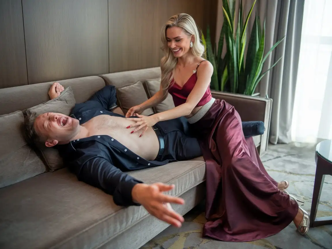 Luxury-Hotel-Room-with-Laughing-Man-and-Elegant-Woman-on-Sofa