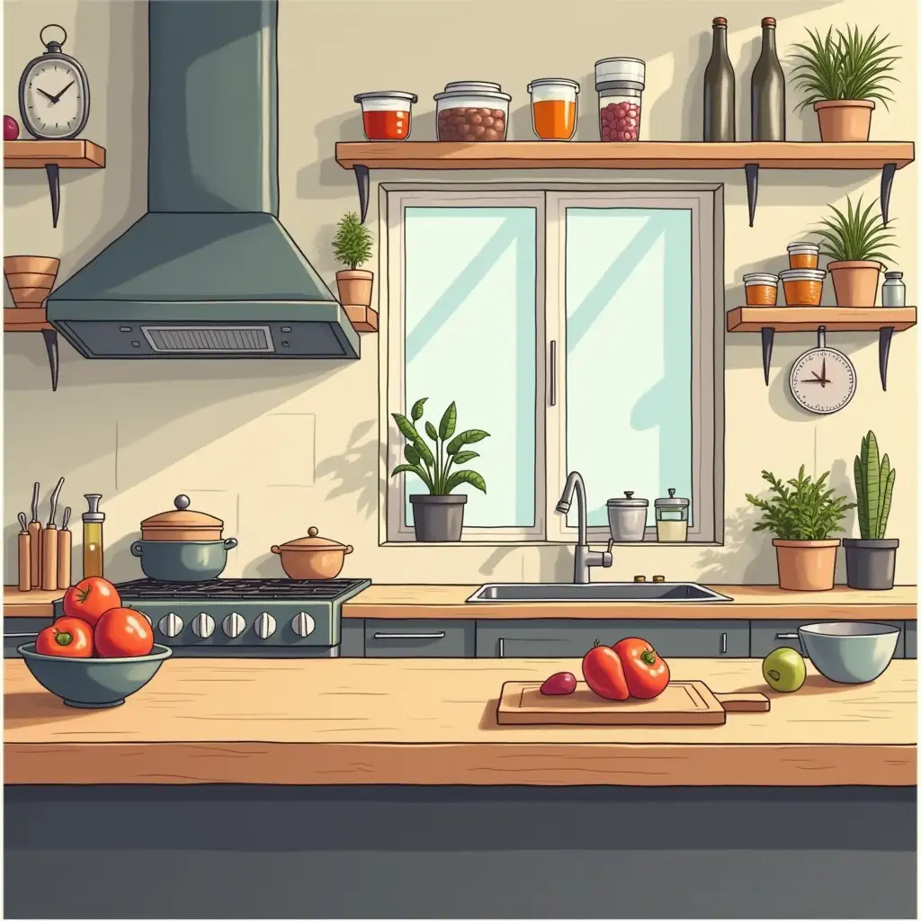 vector graphic comic of a kitchen counter in a busy kitchen