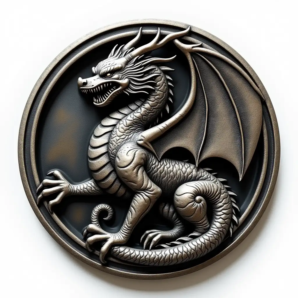 A circular dragon totem metal badge with an engraved design of a malevolent dragon, the dragon's torso fills the entire badge, the dragon gazes sideways at the observer, no border, white background