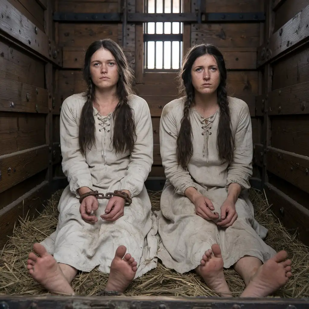 Two Women in Vintage Prisoner Transport Cart with Handcuffs