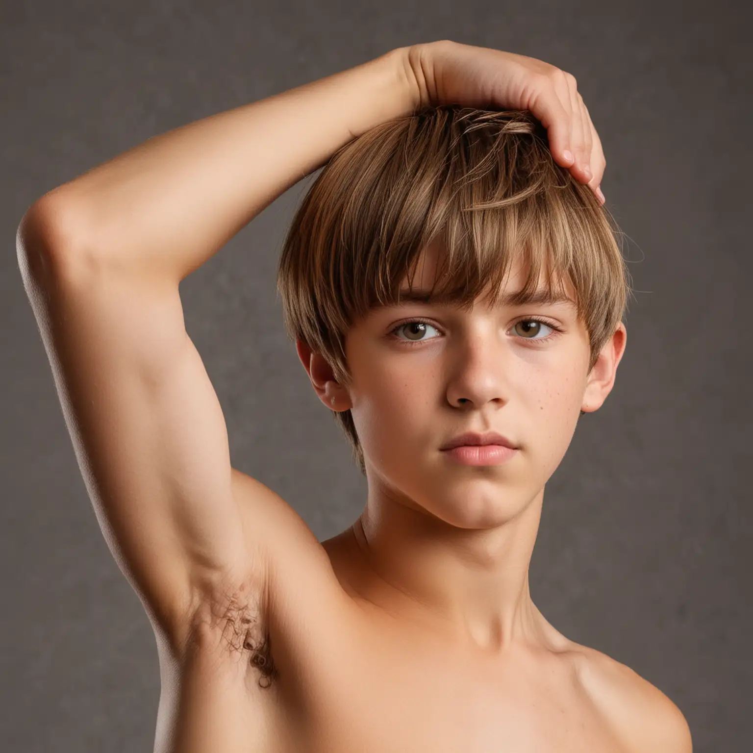 Closeup Portrait of Teen Boy Flexing Muscles Profile View