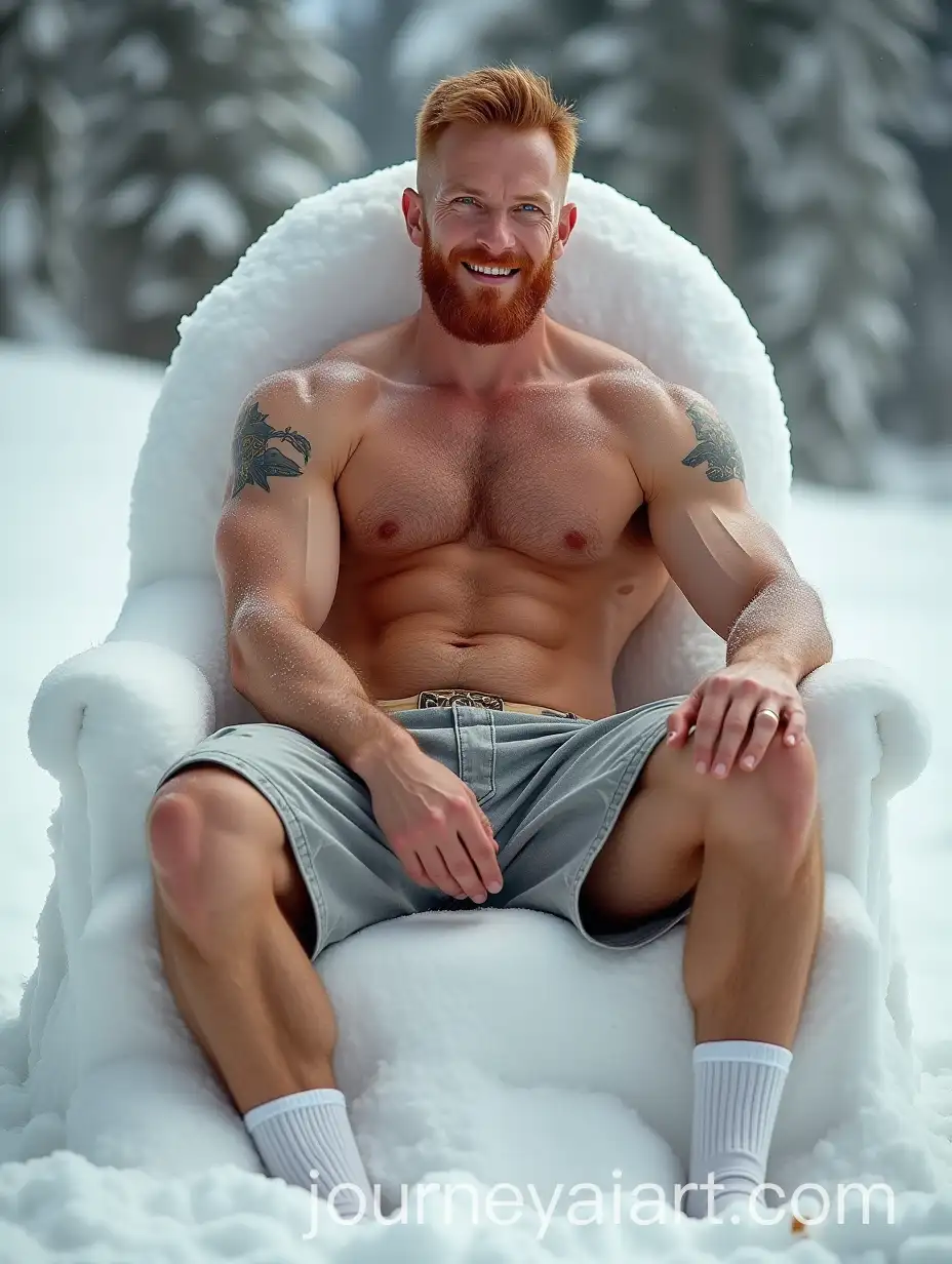 Beefy-Ginger-Man-with-Tattoos-Sitting-on-a-Snow-Throne-in-a-Snowy-Landscape
