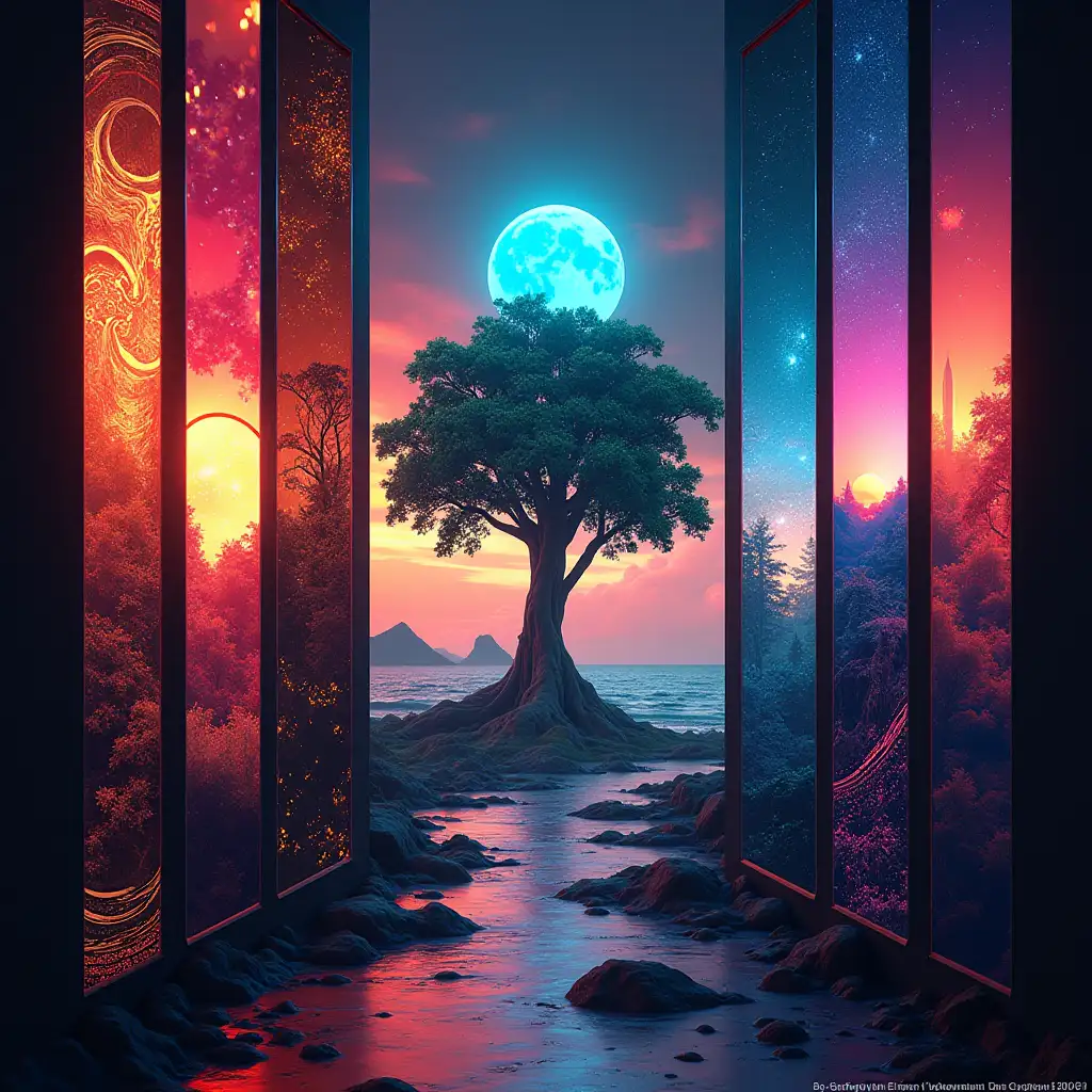 A digital cyberpunk art splash in the style of bo-cyborgsplash, a vibrant and mystical landscape depicted in a series of vertical banners, each featuring a different color palette, the first banner on the left shows a glowing tree with intricate patterns, the second banner features a swirling orange and red design, the third banner features an abstract landscape with a tree in the center, the fourth banner showcases a glowing blue planet in the sky, the fifth banner showcases an otherworldly landscape with distant mountains, the sixth panel showcases a distant landscape with trees and distant structures, the seventh panel showcases an ocean scene, the eighth panel features a mystical tree with vibrant colors, the ninth panel displays a stunning sunset landscape, the final panel features an ethereal landscape with glowing elements, the overall effect is a mesmerizing and captivating image that exudes a sense of otherworldly beauty