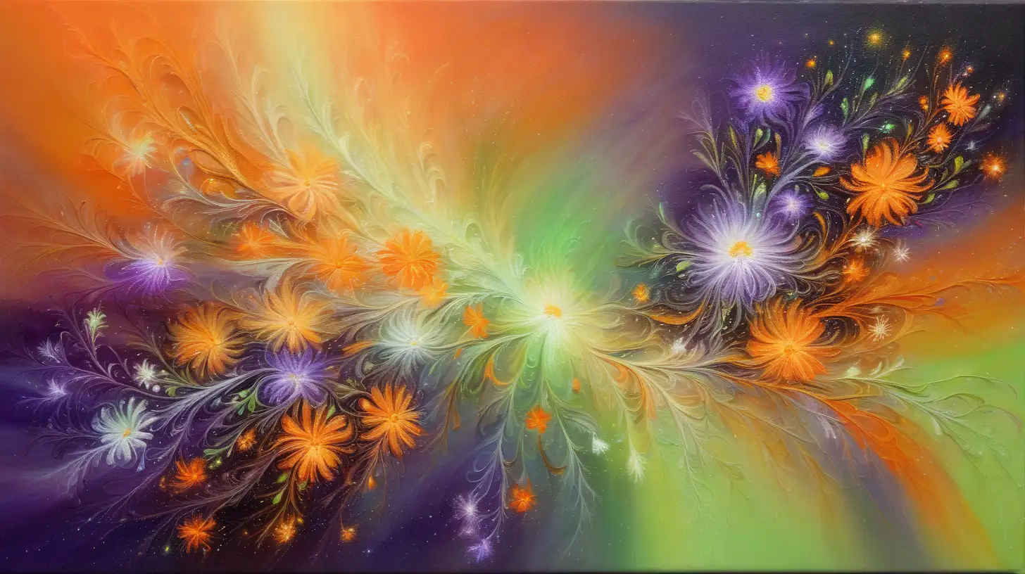 Abstract Oil Painting Florescent Colors and Magical Wispy Asteroids