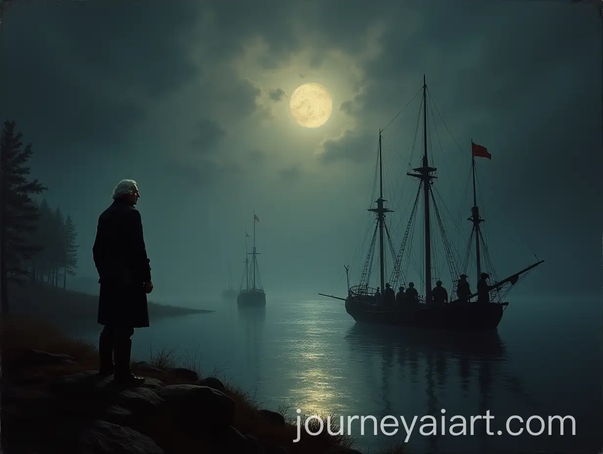 AI-Art-Prompt-ExpansionGeorge-Washington-Watching-Boats-Cross-Foggy-River-at-Night-in-Dramatic-Historical-Oil-Painting
