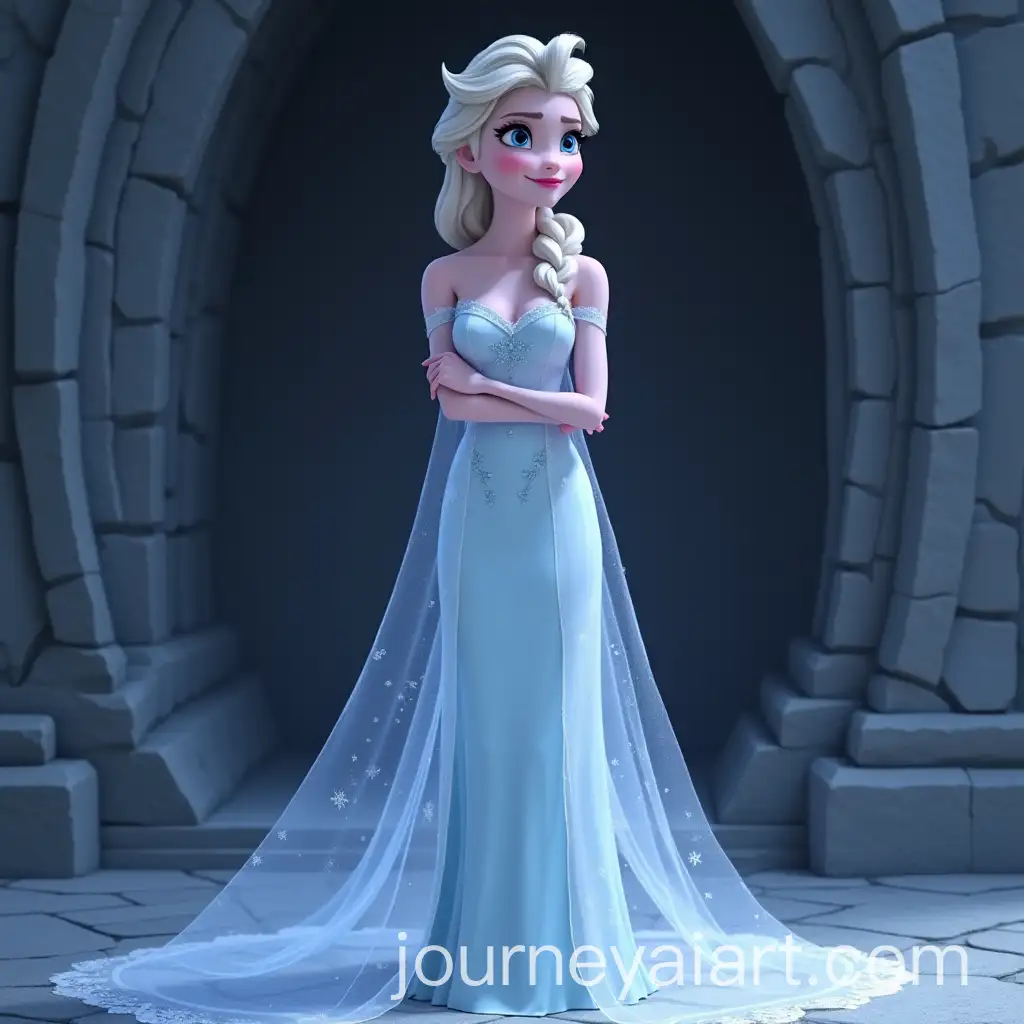 Elsa-in-Strapless-Bridal-Dress-with-Evil-Smirk-Behind-Stone-Altar