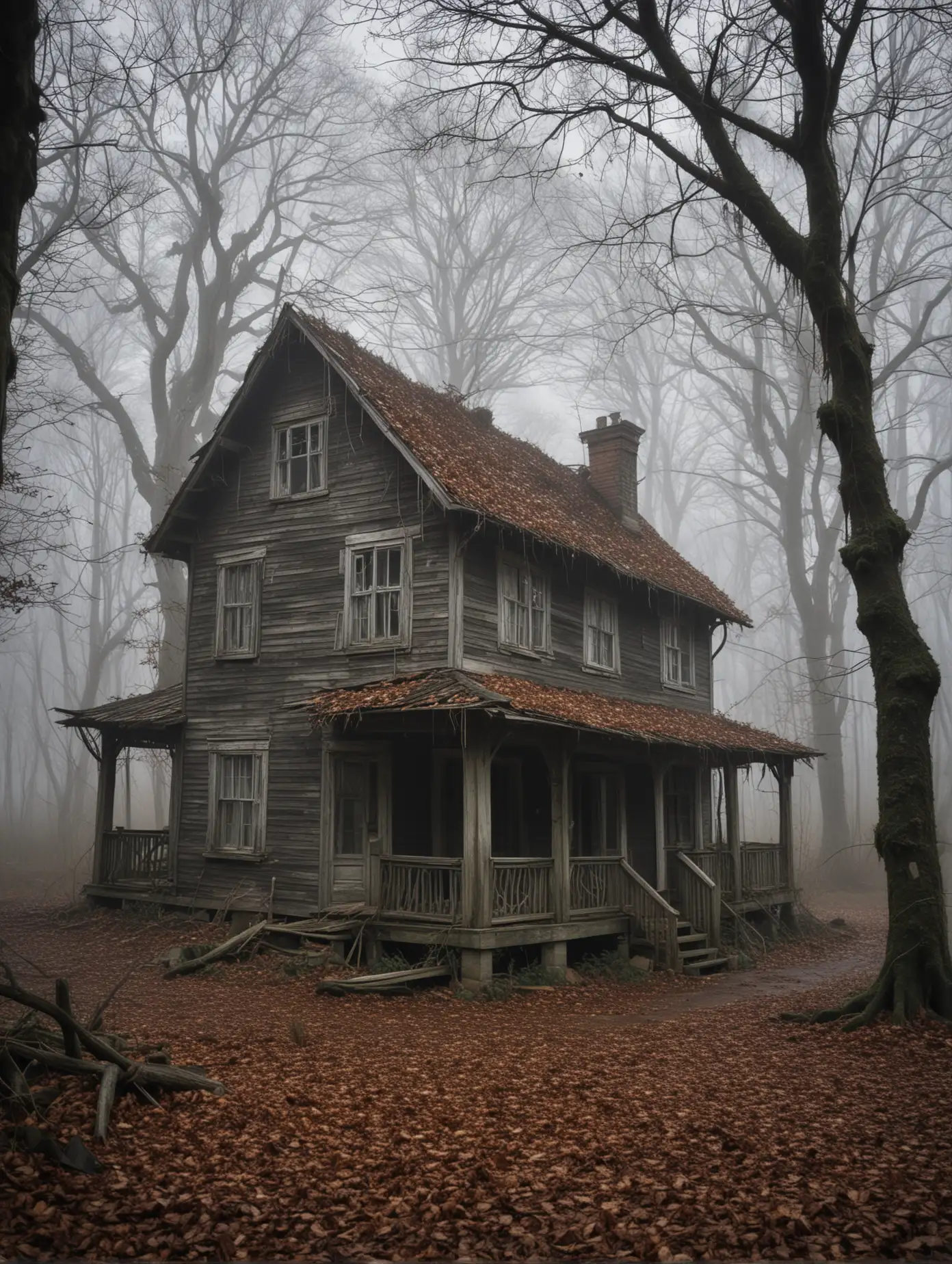 Eerie-Forest-Camp-House-Surrounded-by-Mist-and-Shadows