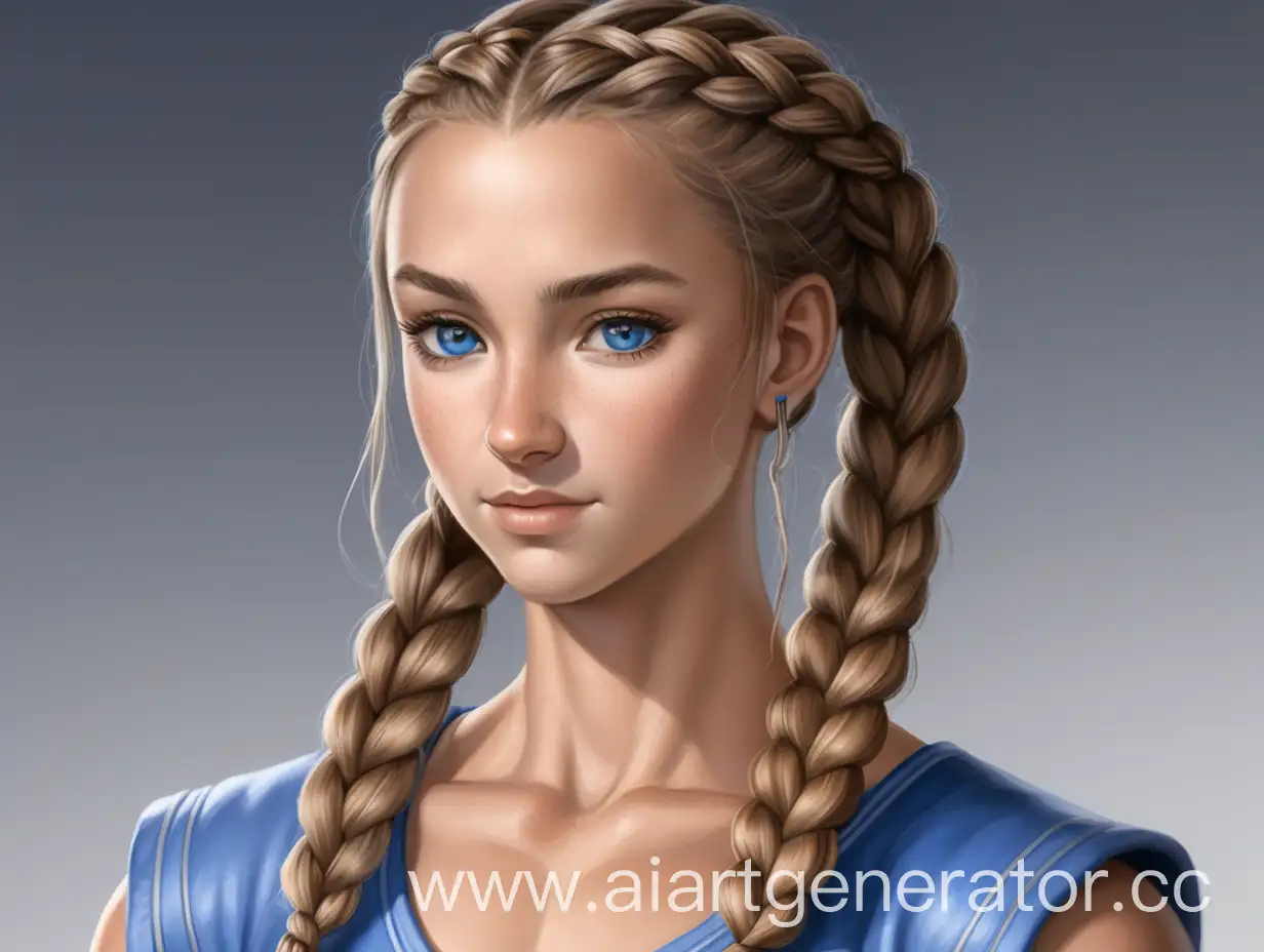 a young woman with a well-toned physique. She has long, light brown hair braided into a single plait down her back. Her eyes are bright cornflower blue, and her skin is healthy with a slight tan. She has a small, neat upturned nose and thin, soft lips. Her muscles have been honed through hard work in her father's forge