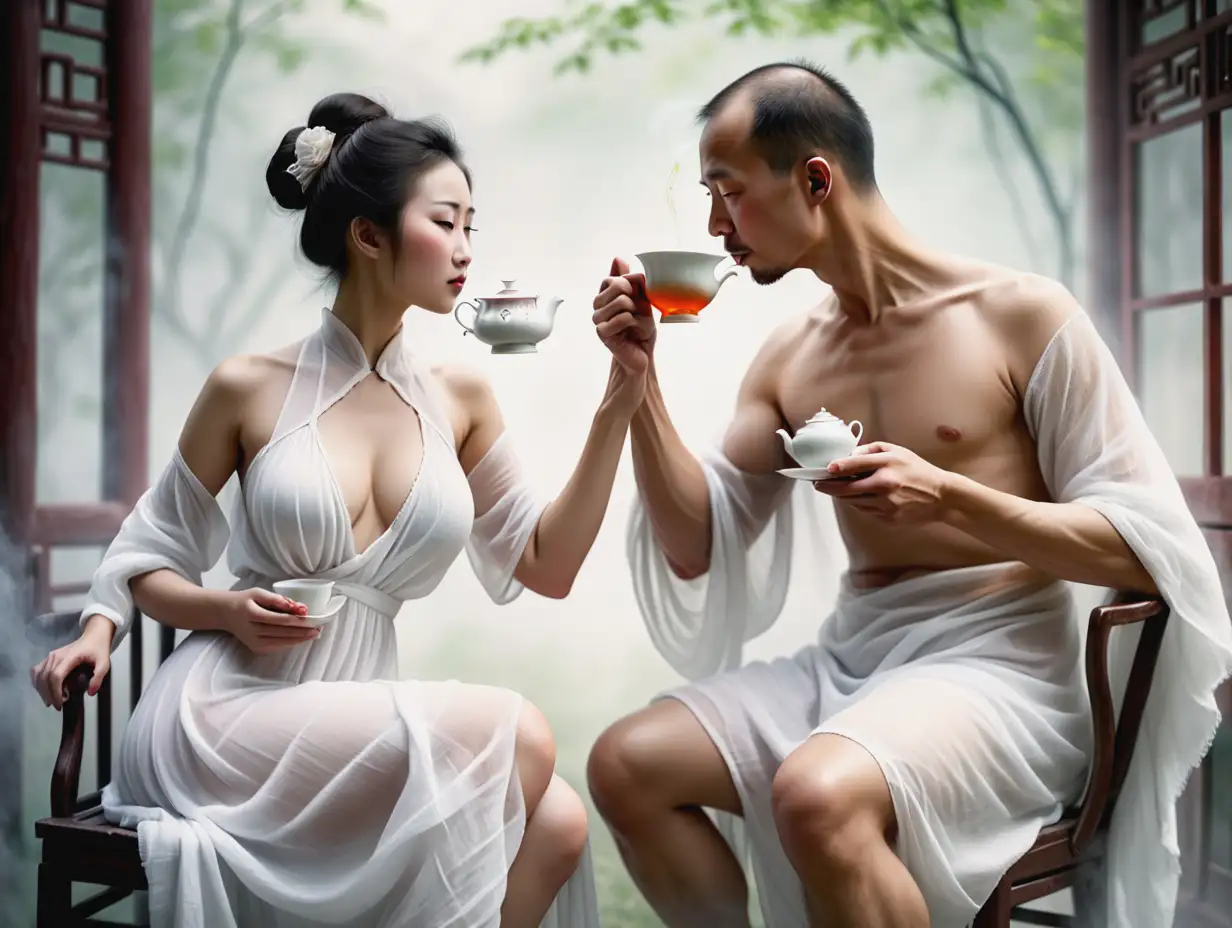 1914 year. China, a man and a woman, drinking tea. Woman in a white gauze dress, figure fully displayed. Thighs. Main body breast, ample. Man blurry processed. The main body is the woman, very clear. Digital art. High definition.