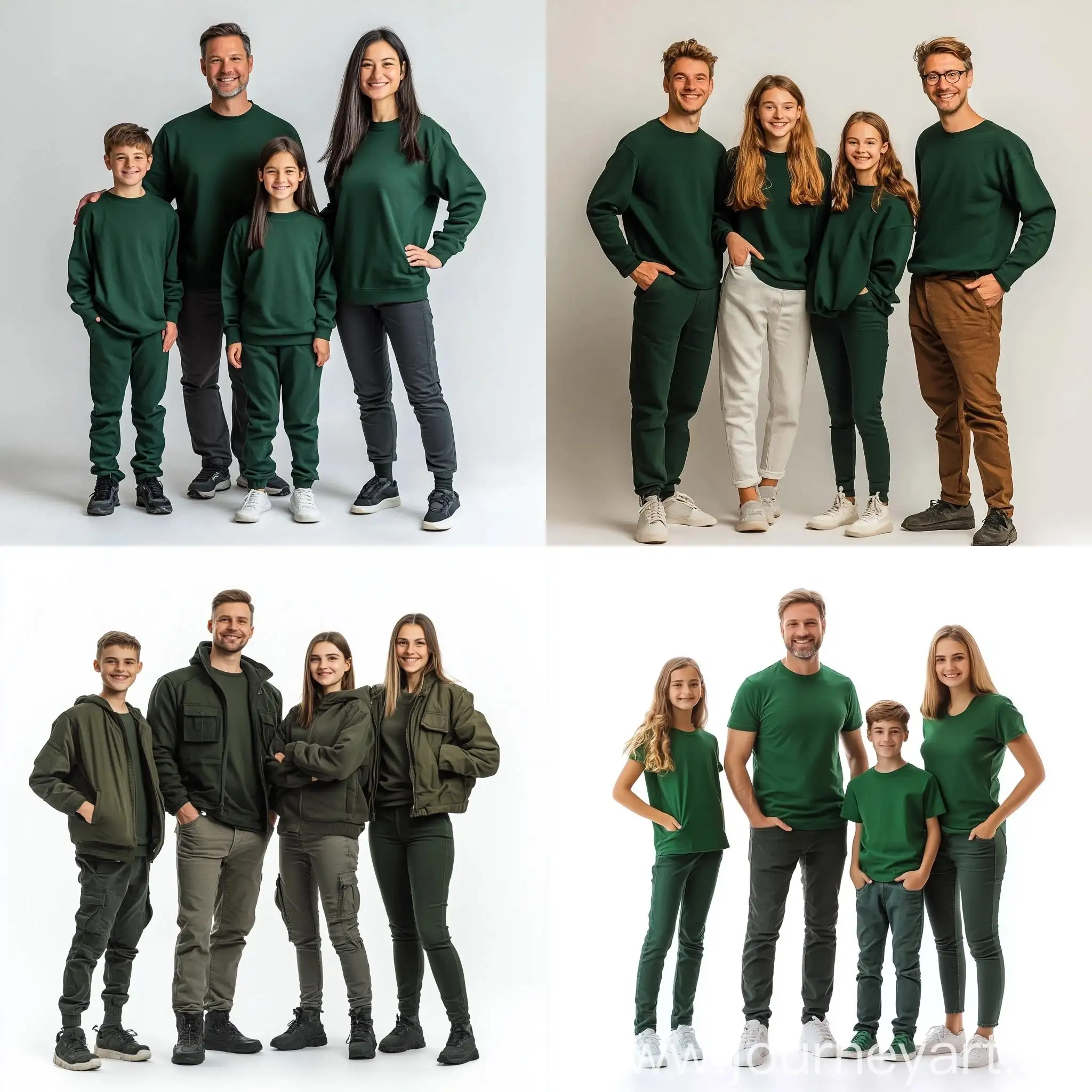 Happy-Family-Smiling-Together-in-Dark-Green-Clothes-on-Studio-White-Background