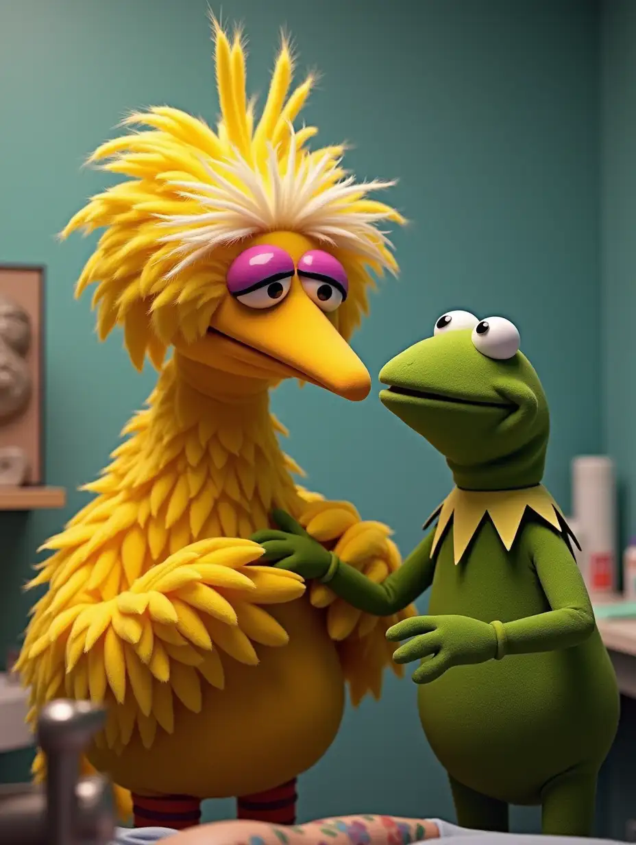 Big bird is getting a blood work done and is crying. Kermit the frog is standing next to him comforting him.