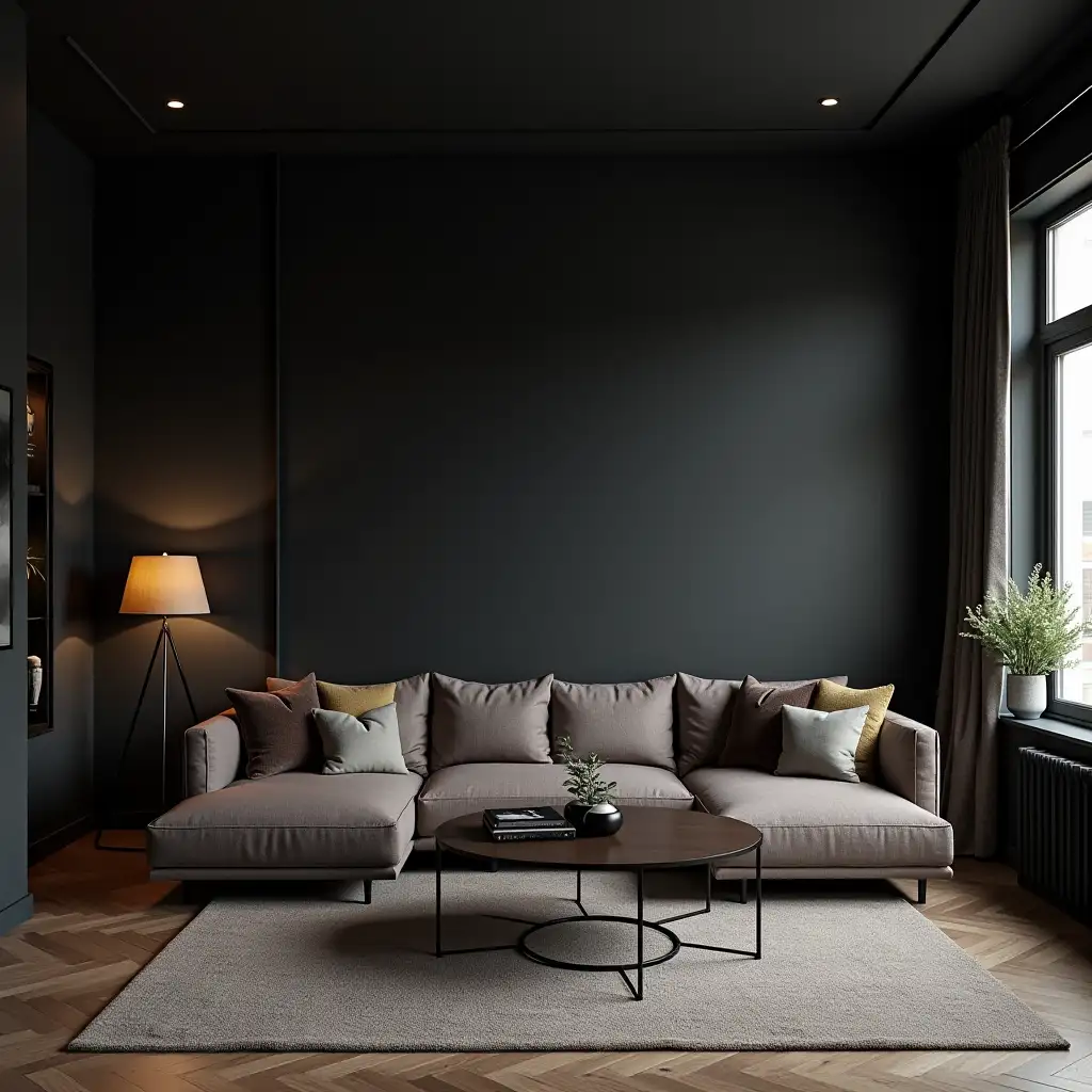 Interior room design in dark colour