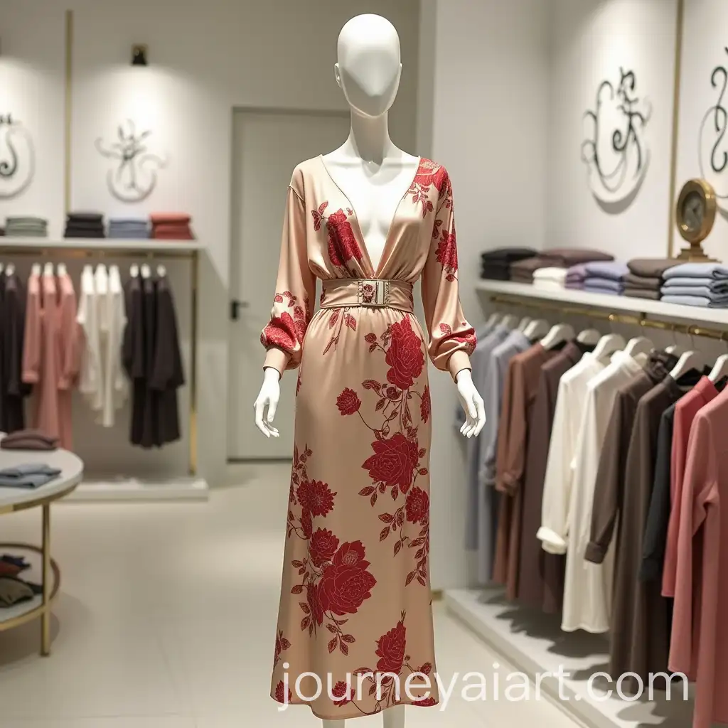 Luxury-Satin-Beige-Dress-with-Red-Floral-Patterns-Displayed-in-Elegant-Boutique