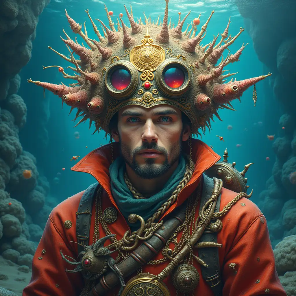 Ultra-detailed hyperrealistic portrait  Multiverse time traveler with various strange beings The elaborately detailed, colorful sea background