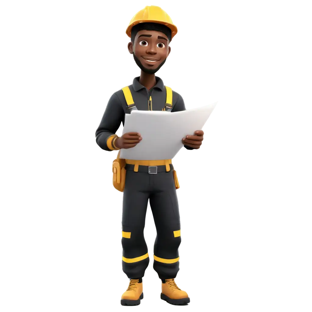 Cartoon-Black-Engineer-with-Safety-Suit-and-Plan-Paper-PNG-Image-for-Professional-Use