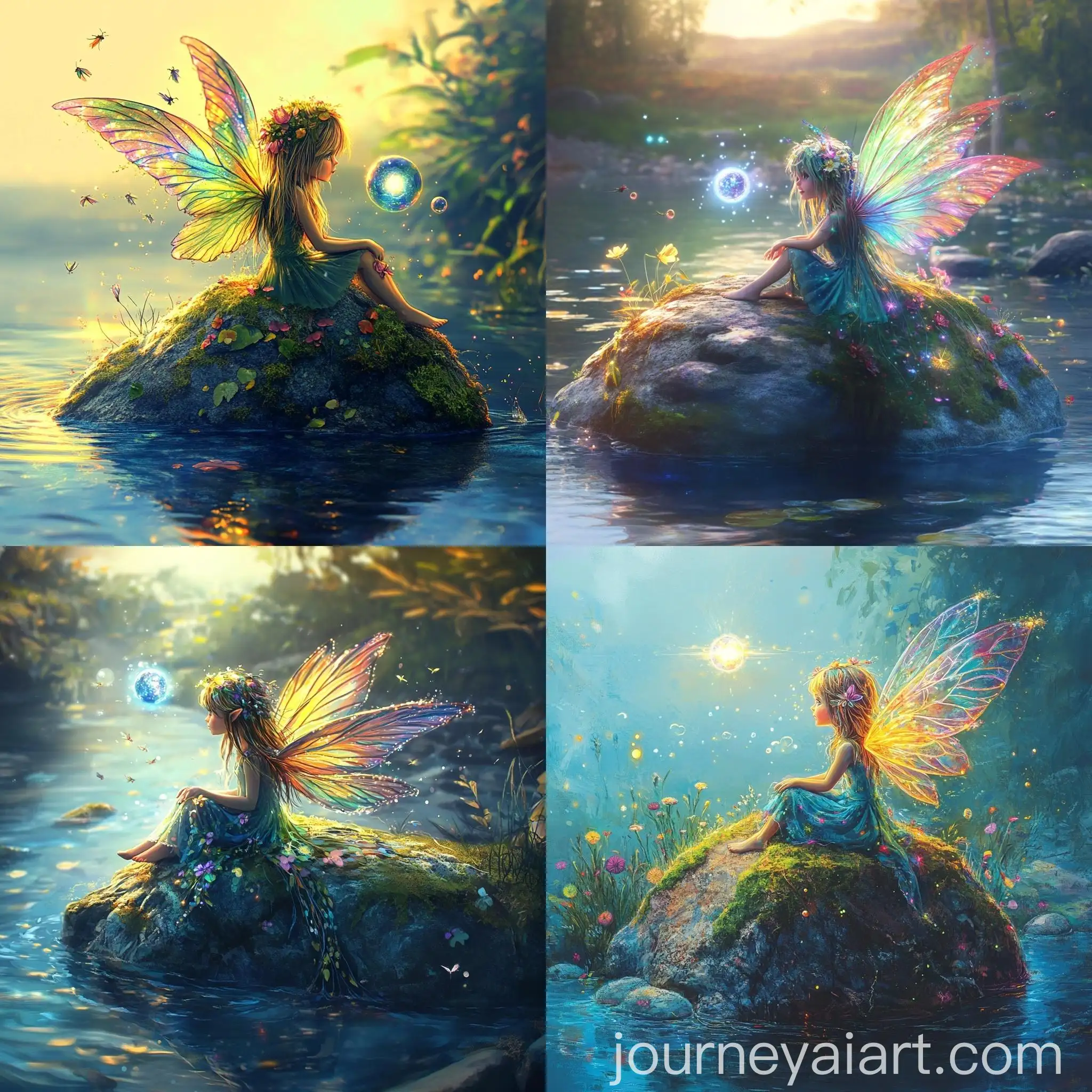 Rainbow-Winged-Fairy-Sitting-on-MossCovered-Stone-by-Blue-Lake