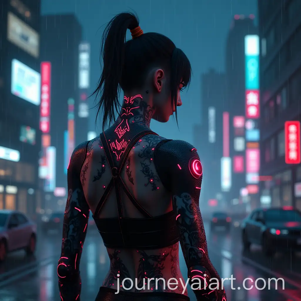 Cyberpunk-Warrior-with-Neon-Tattoos-and-Robotic-ArmsCyberpunk-warrior-render-in-a-Futuristic-RainSoaked-City