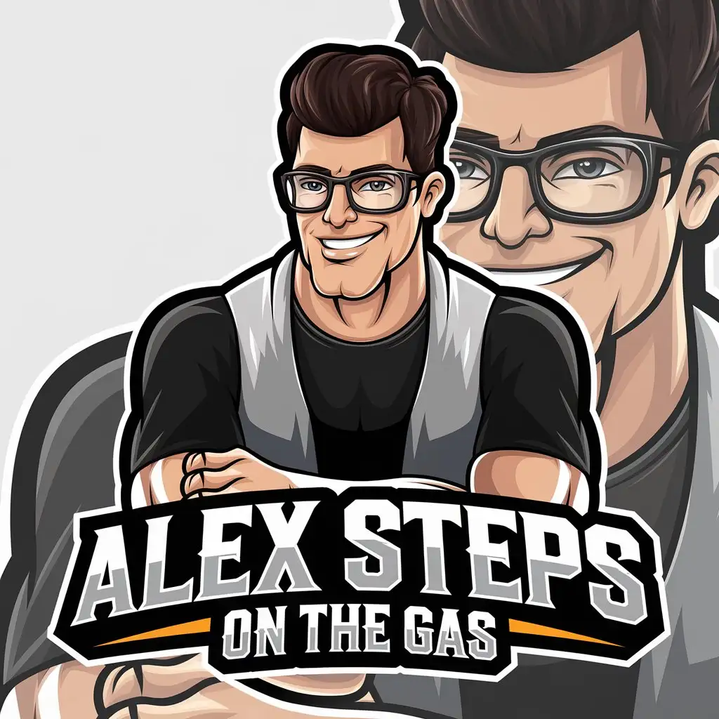 a vector logo design,with the text "ALEX STEPS ON THE GAS", main symbol:Muscular guy with dark brown hair, black glasses, smile on face,complex,be used in Sports Fitness industry,clear background