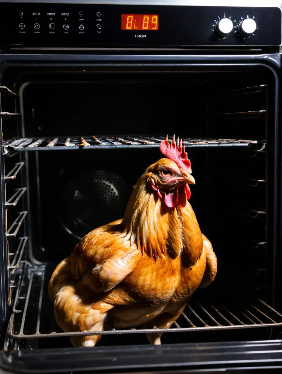 A picture of a chicken in an oven