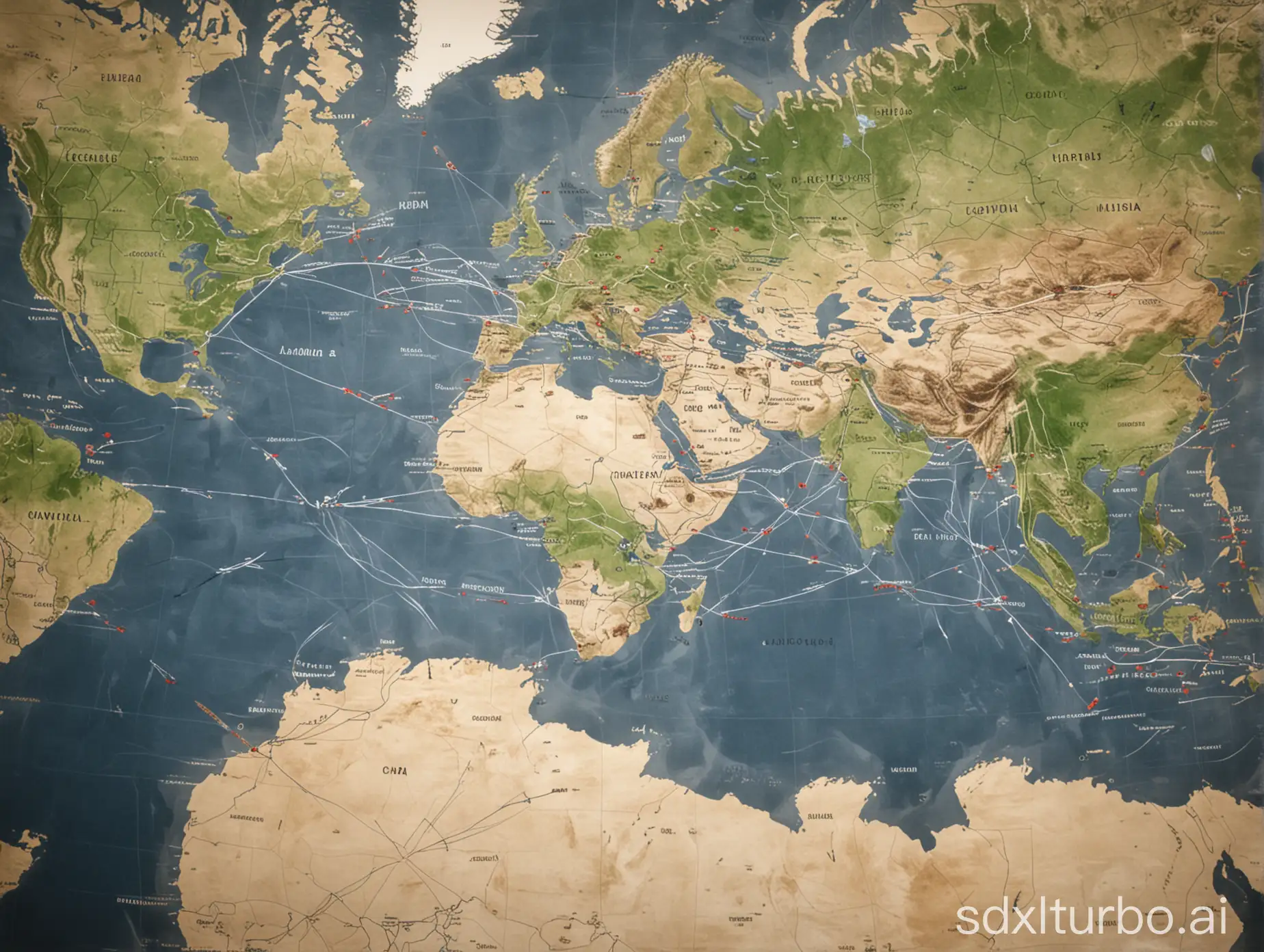 A map showing a flight path connecting different major cities or continents.