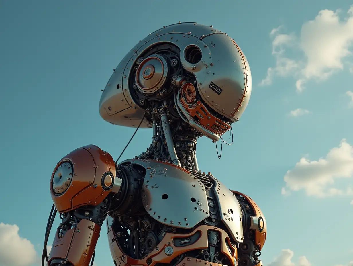 Create a high-resolution, realistic image of the artificial intelligence Robert, 40 meters tall with humans, with a motor made of many parts, from Jupiter 4k resolution