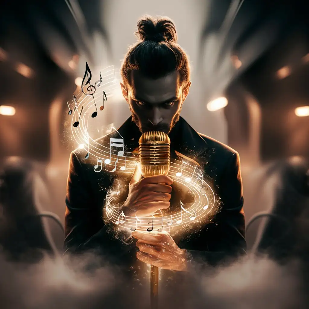 A microphone that has the potential to make a man a god, special powers, professional blurred background, golden foggy light, foggy mist, music notes in mist, a guy in silhouette with man bun is holding the microphone facing away, the focus should be on the powerful microphone, half body photo