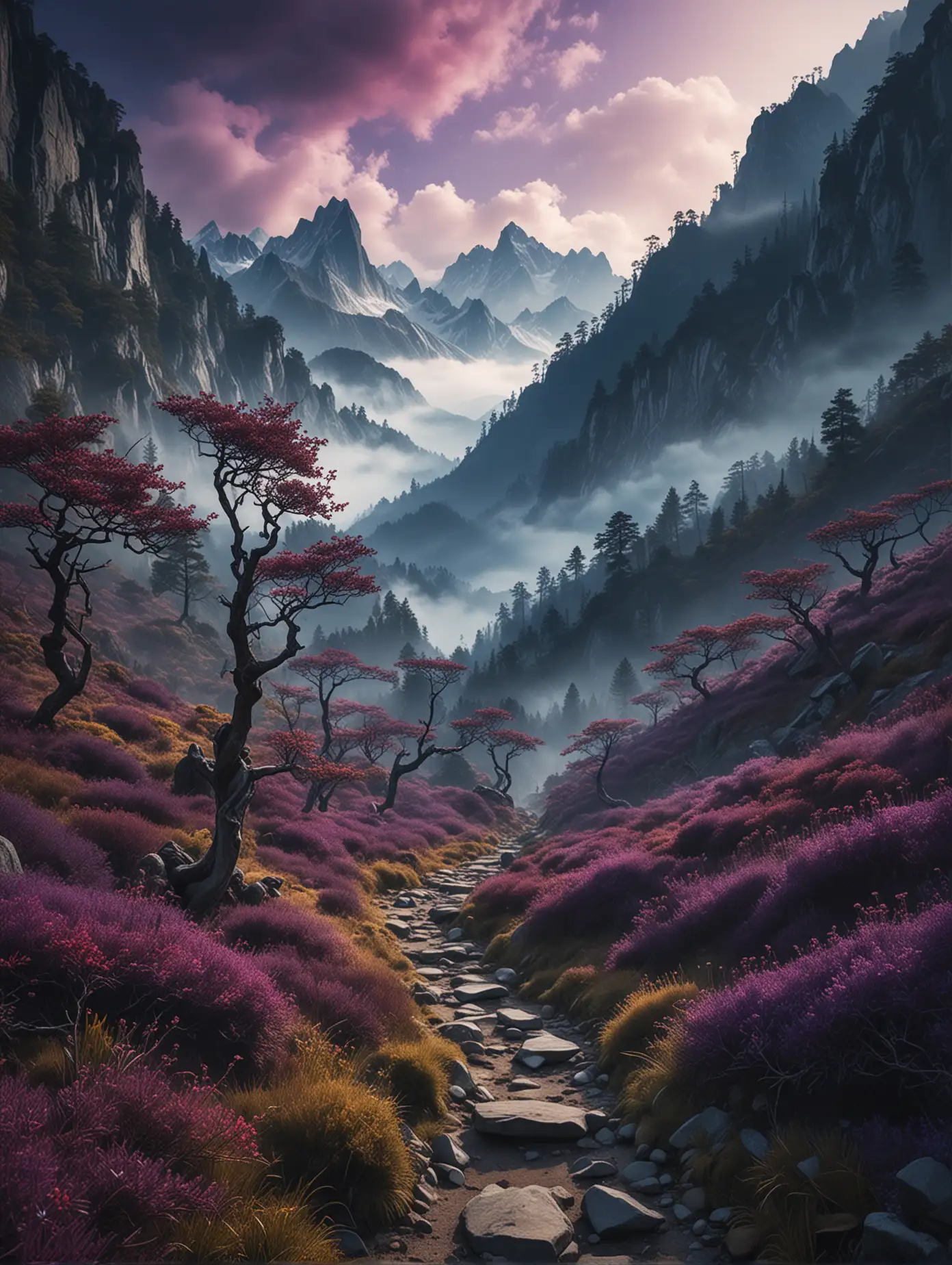 A wild, untouched landscape of ancient, towering mountains, their peaks shrouded in mist, resembling an ink landscape. The scene captures the feeling of anticipation and potential, with a path winding through the dense forest below, barely visible. The sky above is a blend of rich and vivid colors—deep blues and purples—creating a contemplative and serene atmosphere. Captured with a super wide lens, large depth of field, 8k resolution and composition.