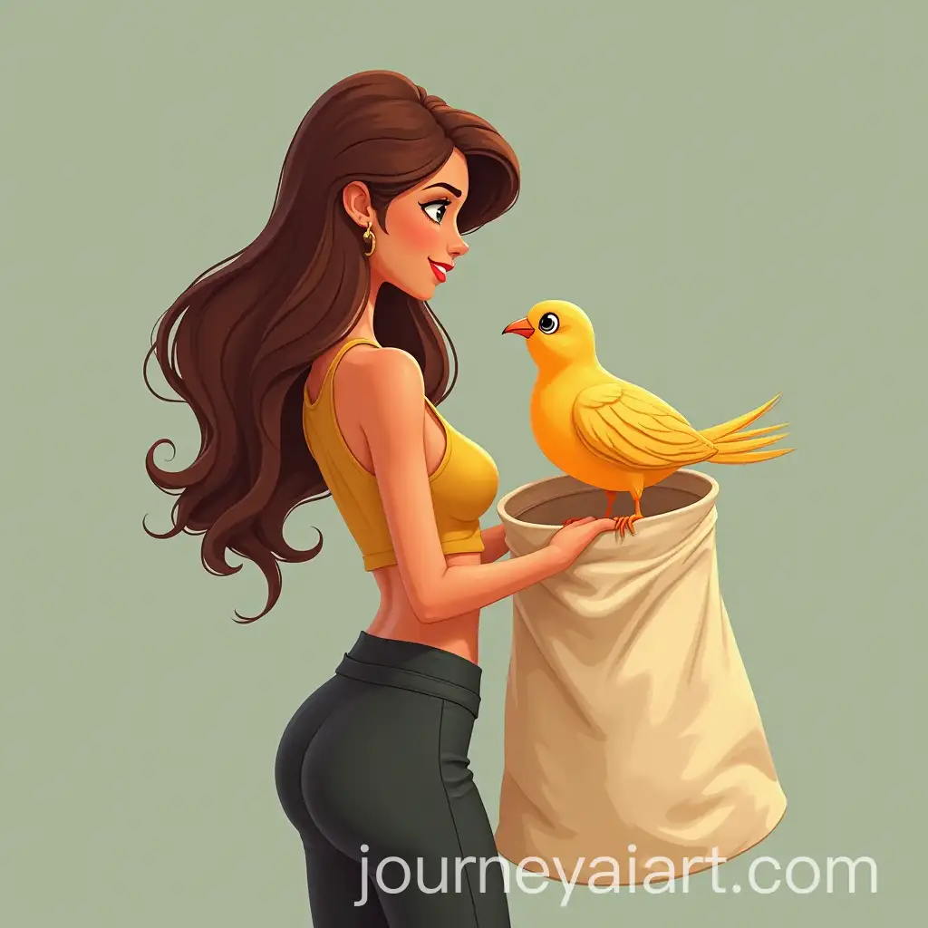 Beautiful-Woman-Grabbing-a-Bird-with-Golden-Feathers-in-a-Large-Fabric-Bag