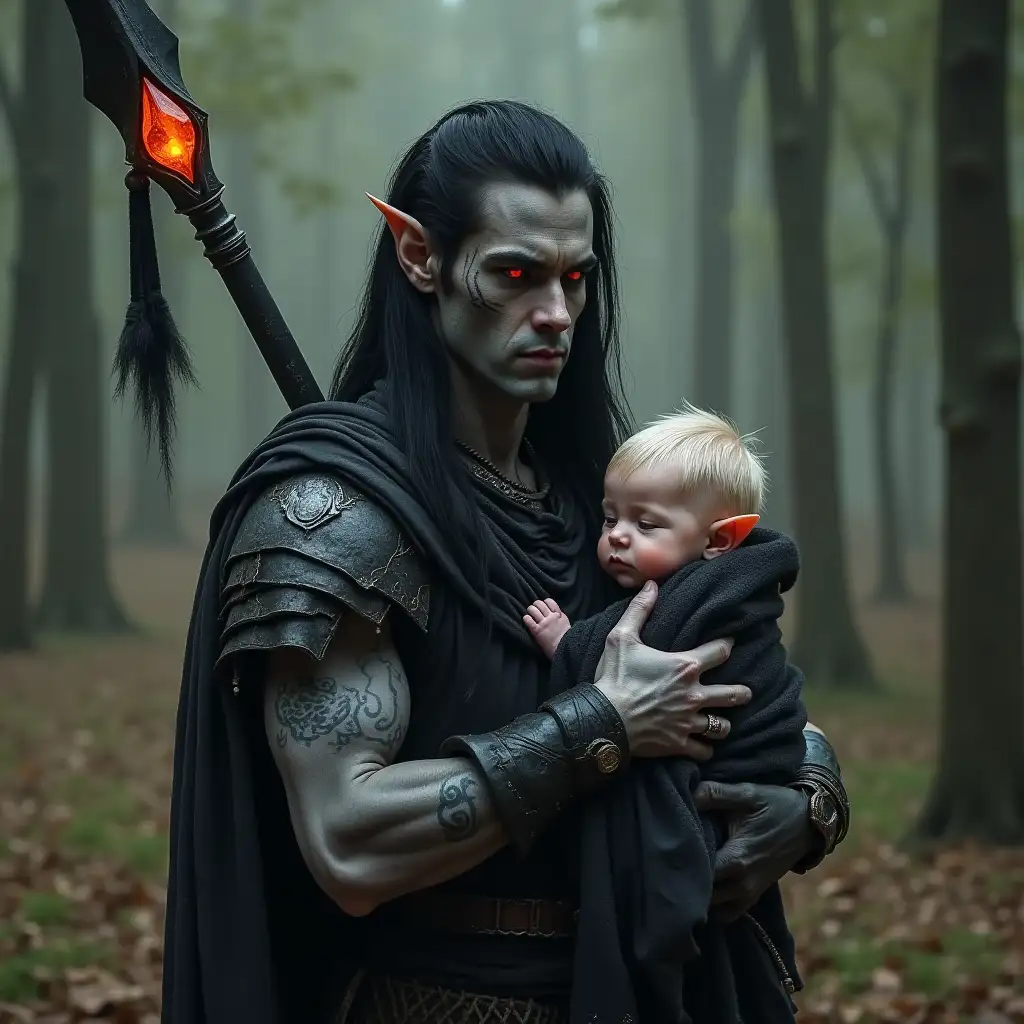 Muscular Dark Elf with Newborn in Enchanted Forest