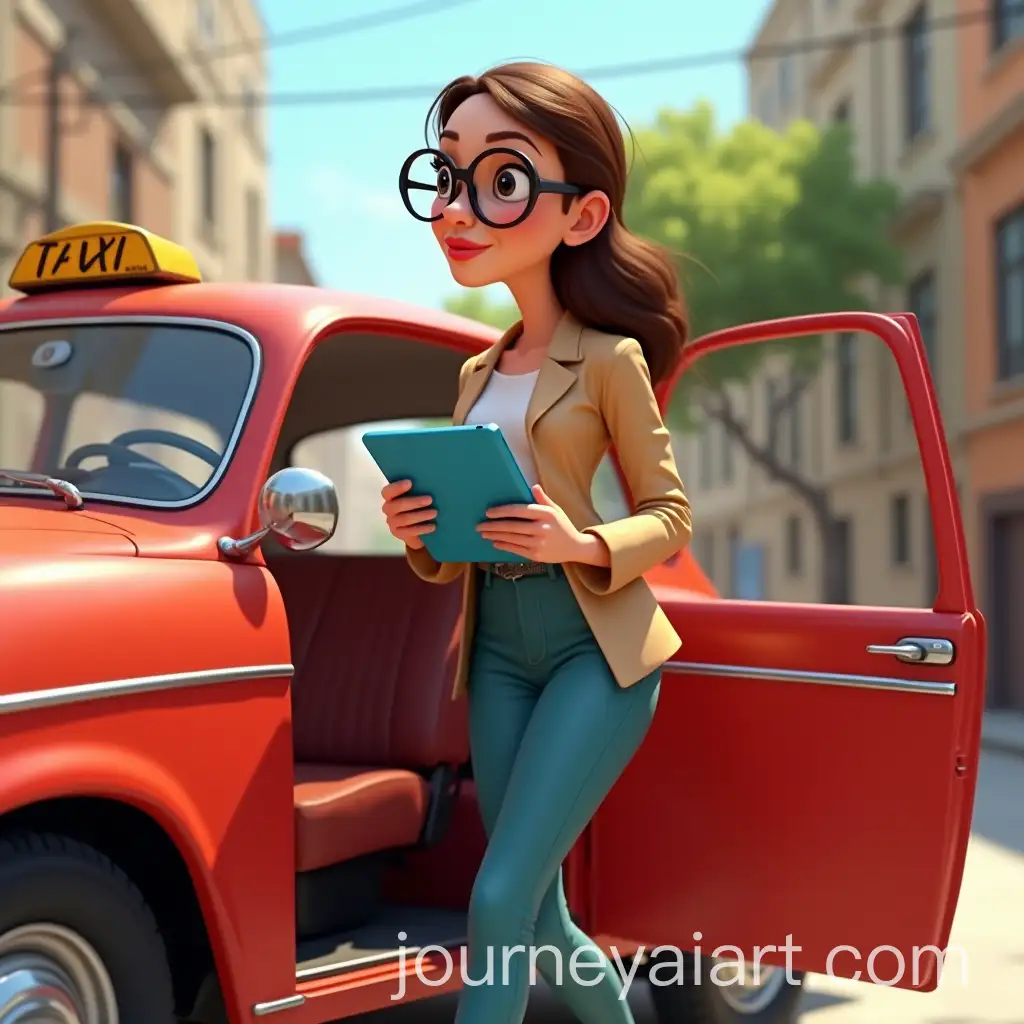Young-Woman-Stepping-Out-of-Red-Renault-AI-Art-Prompt-Expansion4L-Taxi-in-Vibrant-Urban-Setting