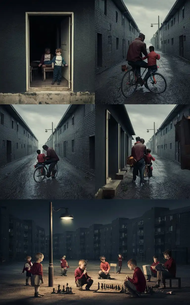 Father-and-Son-Bike-Ride-through-Factory-Dormitory-Area-to-Visit-Mother-Overhead-Shot