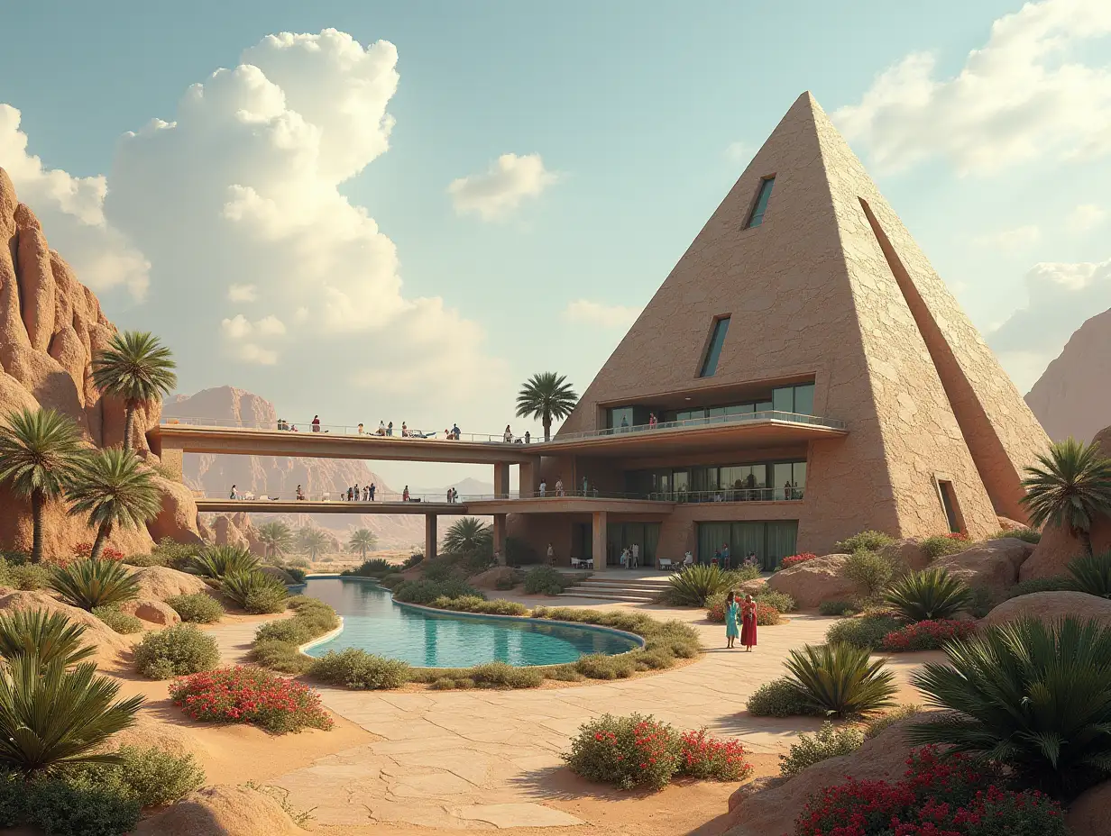 Create a high-resolution, realistic panorama image of a futuristic terrace building with window pyramid house with bridge, one and one  with people, many plants and colorful flowers White and brown facades far behind in the desert with oasis, large trees, very cloudy sky