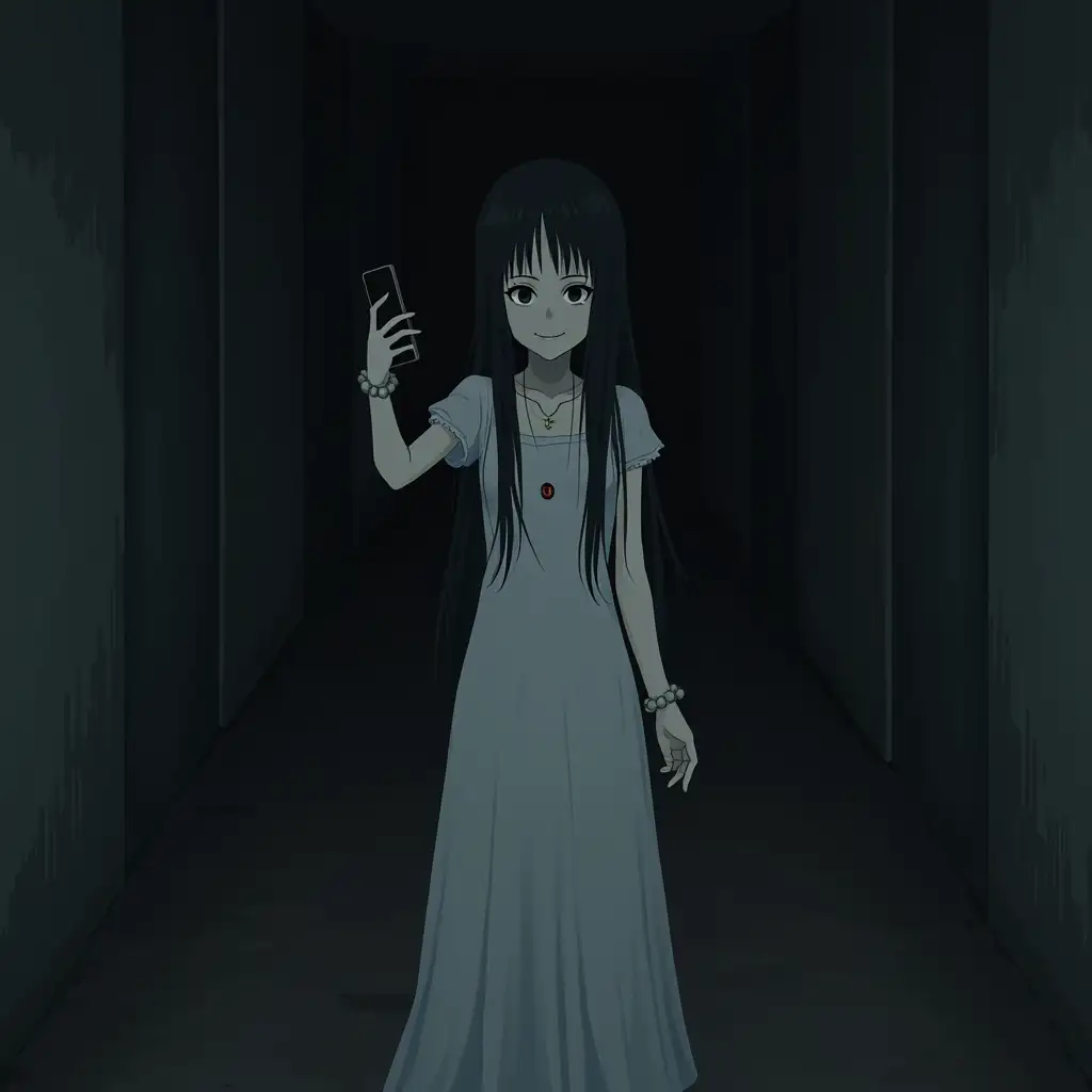 A creepy girl, looking like a girl from 'the ring'. She has long white dress on and her hair is long and black. She is standing in the middle of a dark corridor. In one hand she is holding a white mask, covering her face. In another hand she is holding a smartphone. Whole picture is dark and creepy. Anime style.