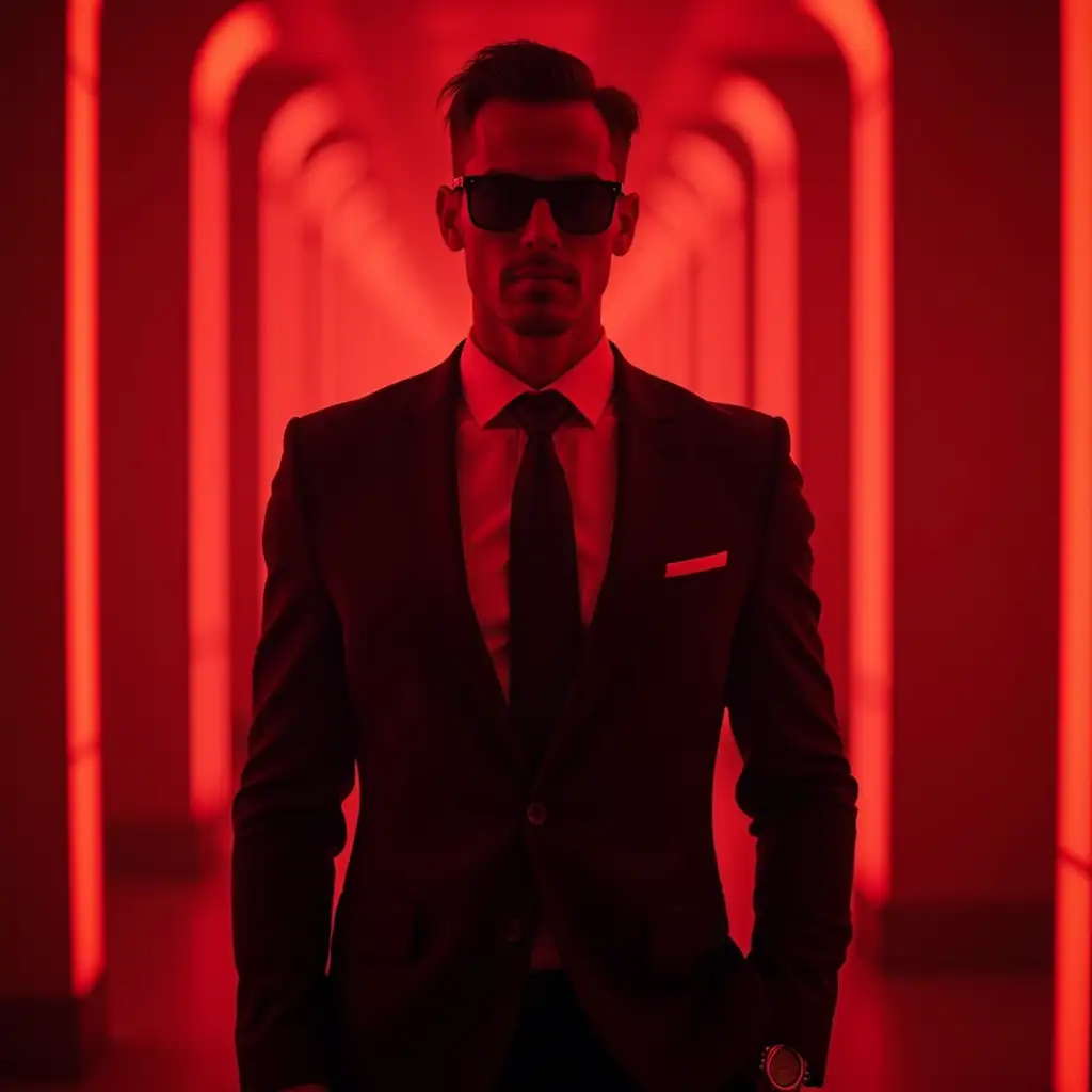 A futuristic cyberpunk businessman in a professional, stylish outfit. The figure exudes confidence and authority, set against a background of glowing red neon lights and a high-tech digital atmosphere. The facial features, hairstyle, and clothing details vary, but the overall look remains sharp, modern, and business-like. The dominant color scheme is red, creating an intense and dynamic visual impact.