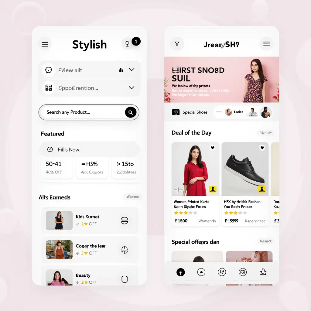   Create a mobile app UI for an e-commerce platform named "Stylish." The app should have the following features:  1. **Header Section:**    - Display the time "9:41" on the top left.    - Show the "Stylish" logo in the center.    - Include a profile icon on the top right.  2. **Search Bar:**    - Place a search bar below the header with placeholder text "Search any Product..."  3. **Category Navigation:**    - Include a horizontal scrollable category section with icons and labels for "Beauty," "Fashion," "Kids," "Mens," and "Womens."  4. **Featured Section:**    - Add a "Sort" button and a "Filter" button next to the "All Featured" title.    - Display a promotional banner with the text "50-40% OFF" and "Now in (product) All colours" along with a "Shop Now" button.  5. **Deal of the Day Section:**    - Include a "Deal of the Day" banner with a countdown timer showing "22h 55m 20s remaining."    - Provide a "View all" button.    - Display two product cards:      - **Product 1:** "Women Printed Kurta" with a price of "₹1500" and a discount of "40% off." Include a rating of "4.5 stars" from "56890" reviews.      - **Product 2:** "HRX by Hrithik Roshan" shoes with a price of "₹2499" and a discount of "50% off." Include a rating of "4.5 stars" from "344567" reviews.  6. **Special Offers Section:**    - Add a "Special Offers" banner with the text "We make sure you get the offer you need at best prices."  **Brief Description of the Image:**  The image shows a mobile app UI for an e-commerce platform named "Stylish." It features a clean and modern design with a header, search bar, category navigation, promotional banners, product listings, and special offers. The UI is visually appealing and user-friendly, making it easy for users to browse and shop for products.