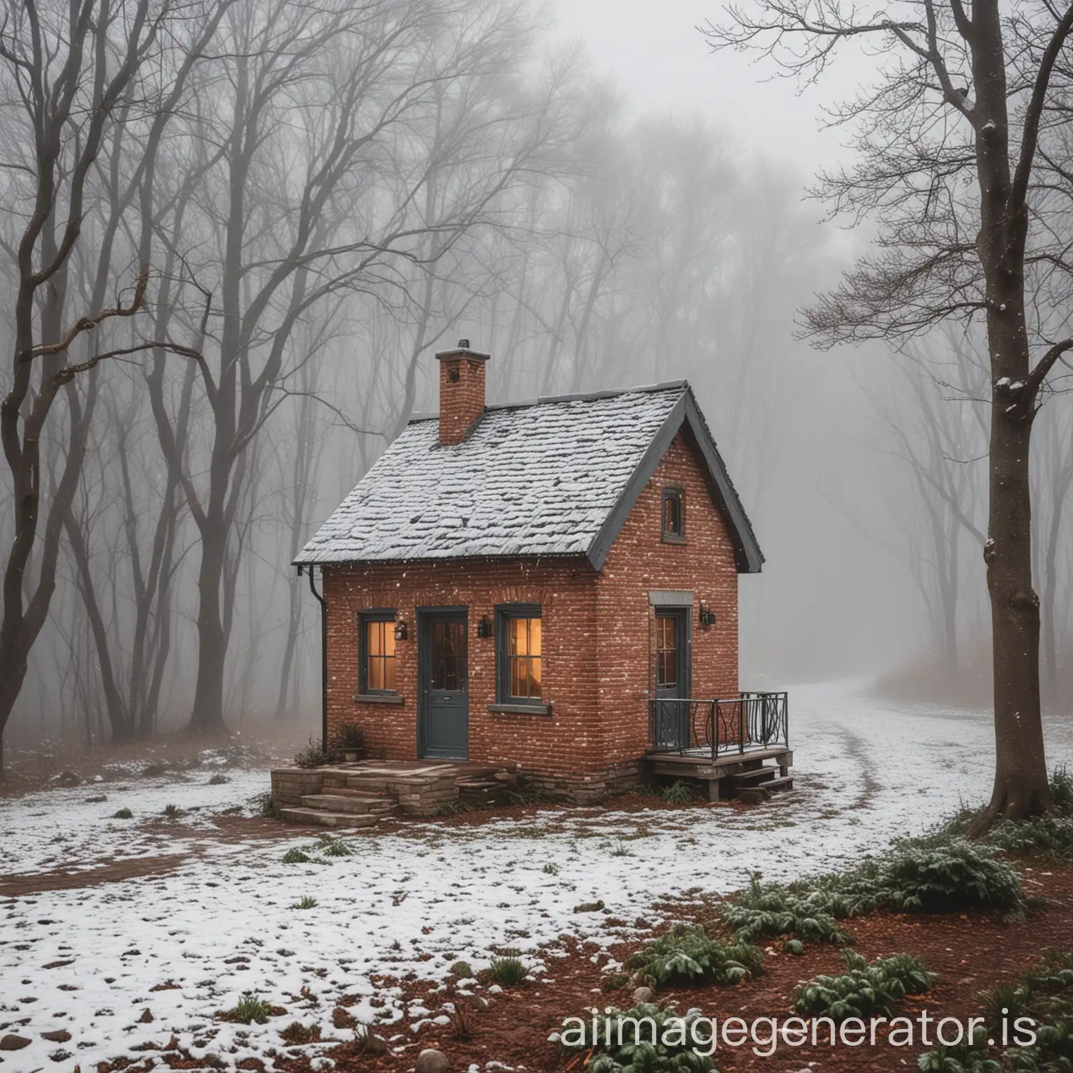 brick Tiny Small house in nature foggy snowing
