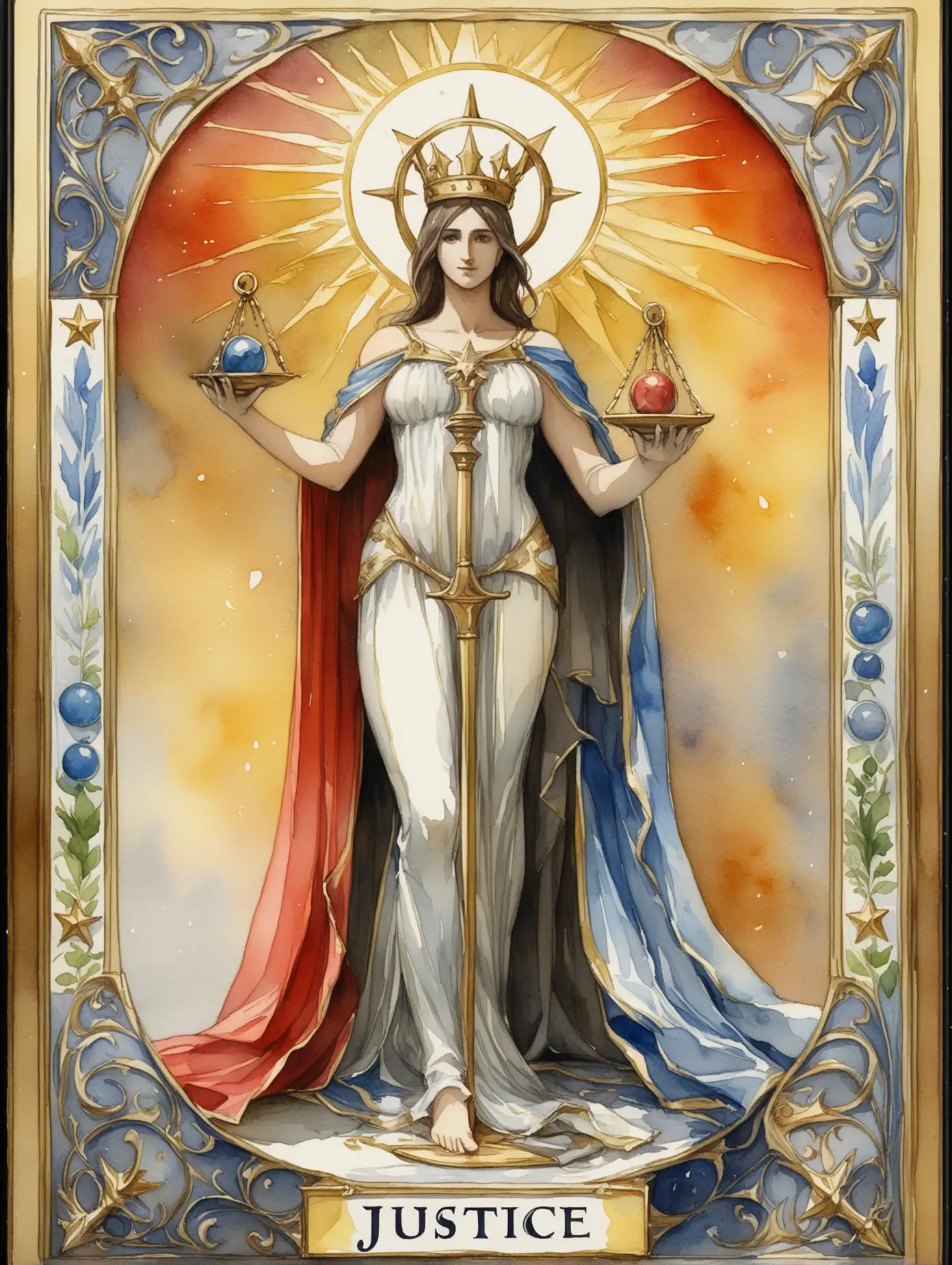 Watercolor-Tarot-Card-Justice-Featuring-Full-Figure-with-Ornate-Border-and-Plaque