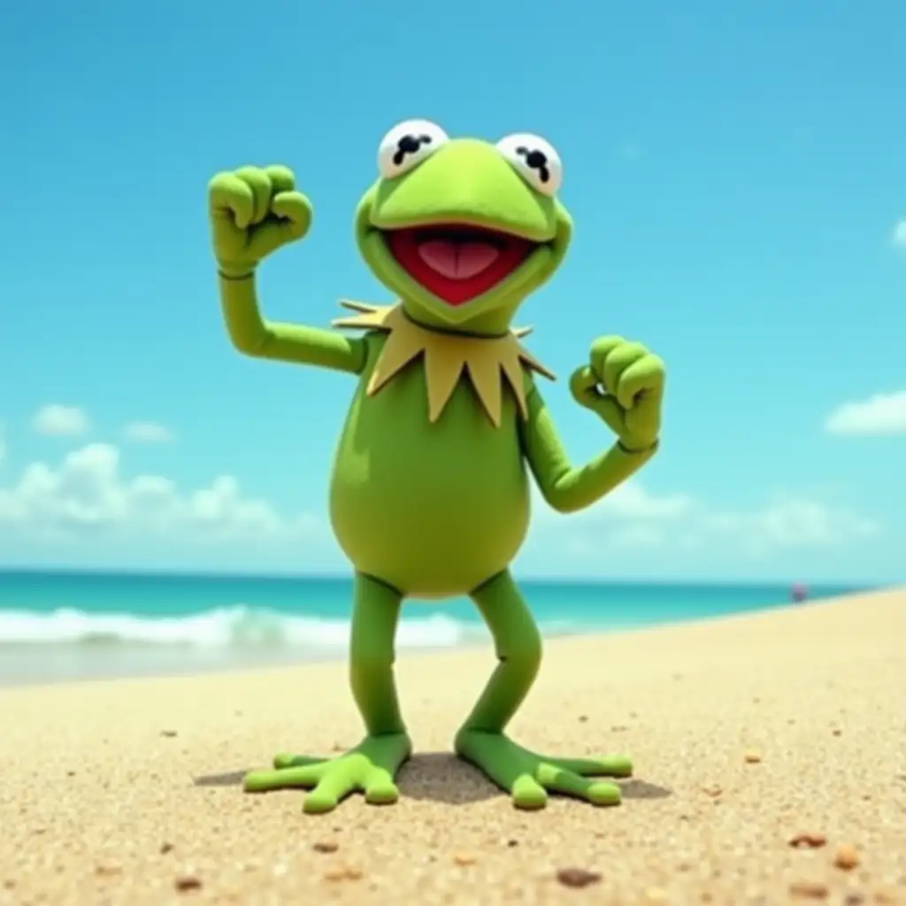 A whimsical reinterpretation of the famous 'Success Kid' meme, featuring Kermit the Frog instead of the baby. Kermit is shown as an adult frog with his green hand clenched in a victorious pose, standing on a sandy beach with a clear blue sky in the background. The image is vibrant, with Kermit's expression conveying determination and triumph. The lighting is bright and natural, perfectly capturing the iconic essence of the original meme.