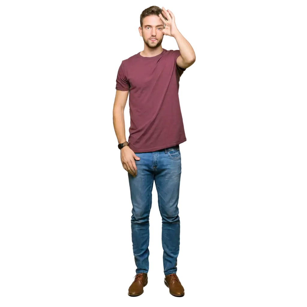 a man wearing a shirt and jeans standing beside the wall