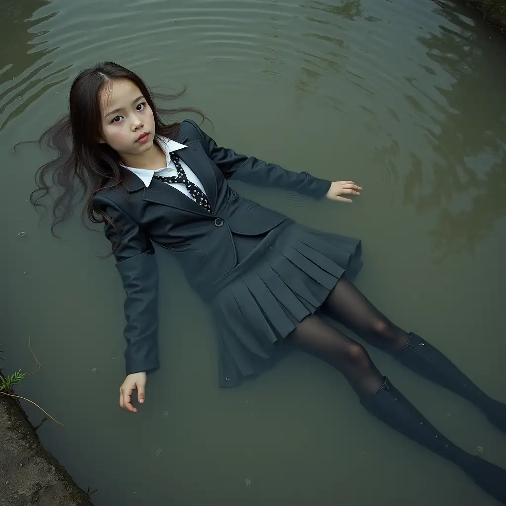 A young schoolgirl in a school uniform, with a skirt, jacket, blouse, dark tights, high-heeled shoes. She swims in a dirty pond, lies under water, in water up to her neck, the whole body is under water, submerged in water, under the surface of the water, all clothes are completely wet, clothes are soaked through, there are no dry areas of clothing, wet clothes stick to the body.