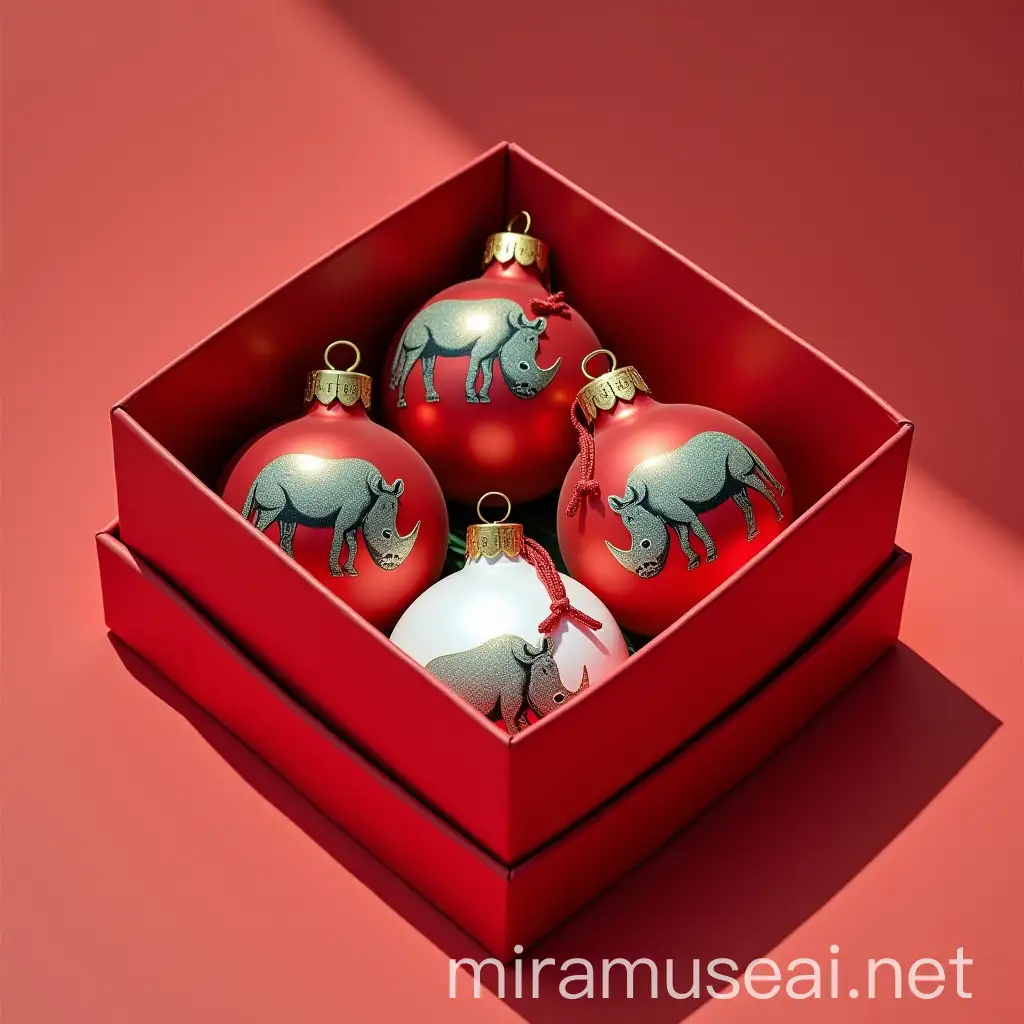 Red Christmas Box with Rhino Ball Ornaments